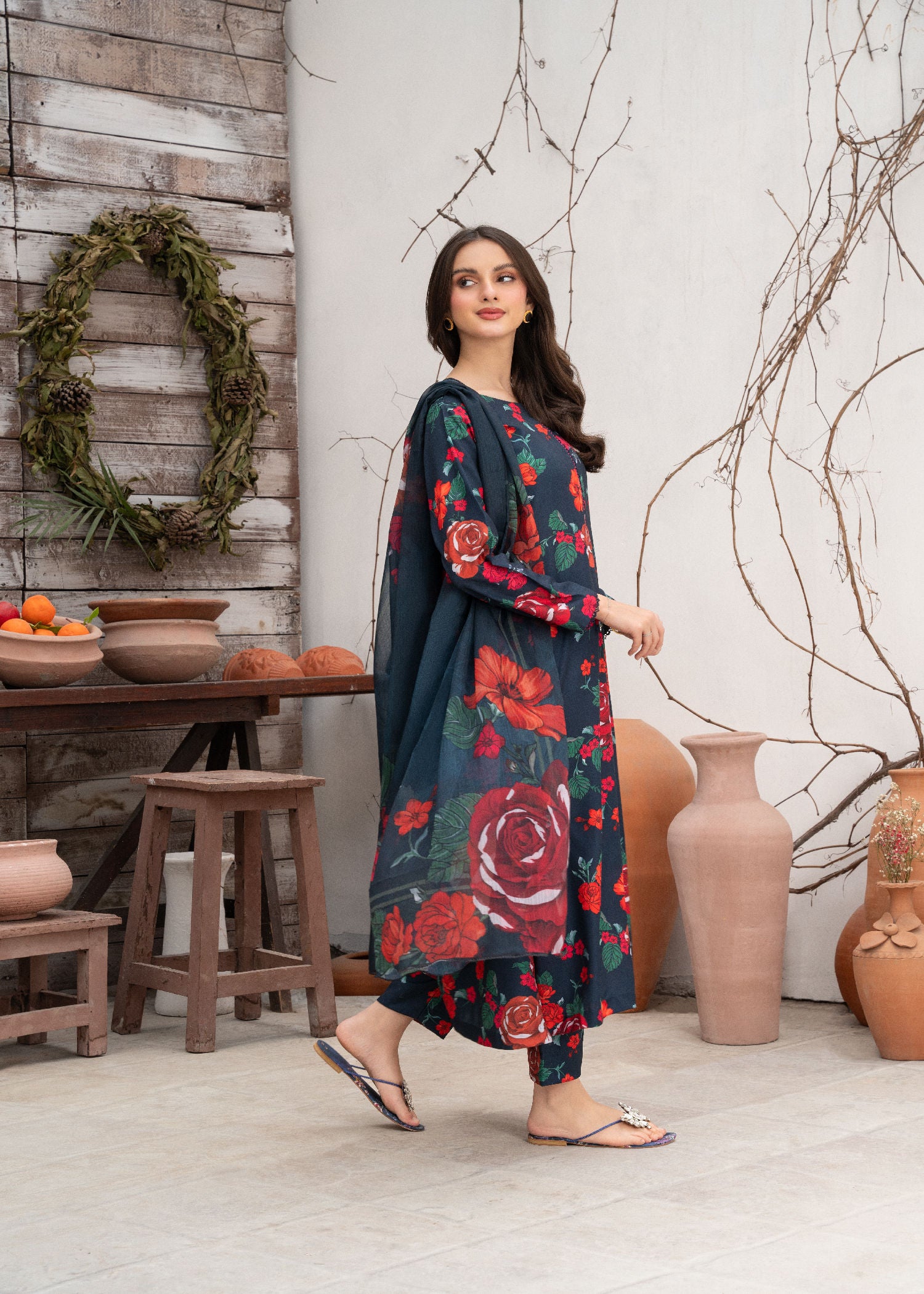 Pakistani Navy Blue Printed & Embroidered Cotton Kurta Set (3-Piece) - Image 2