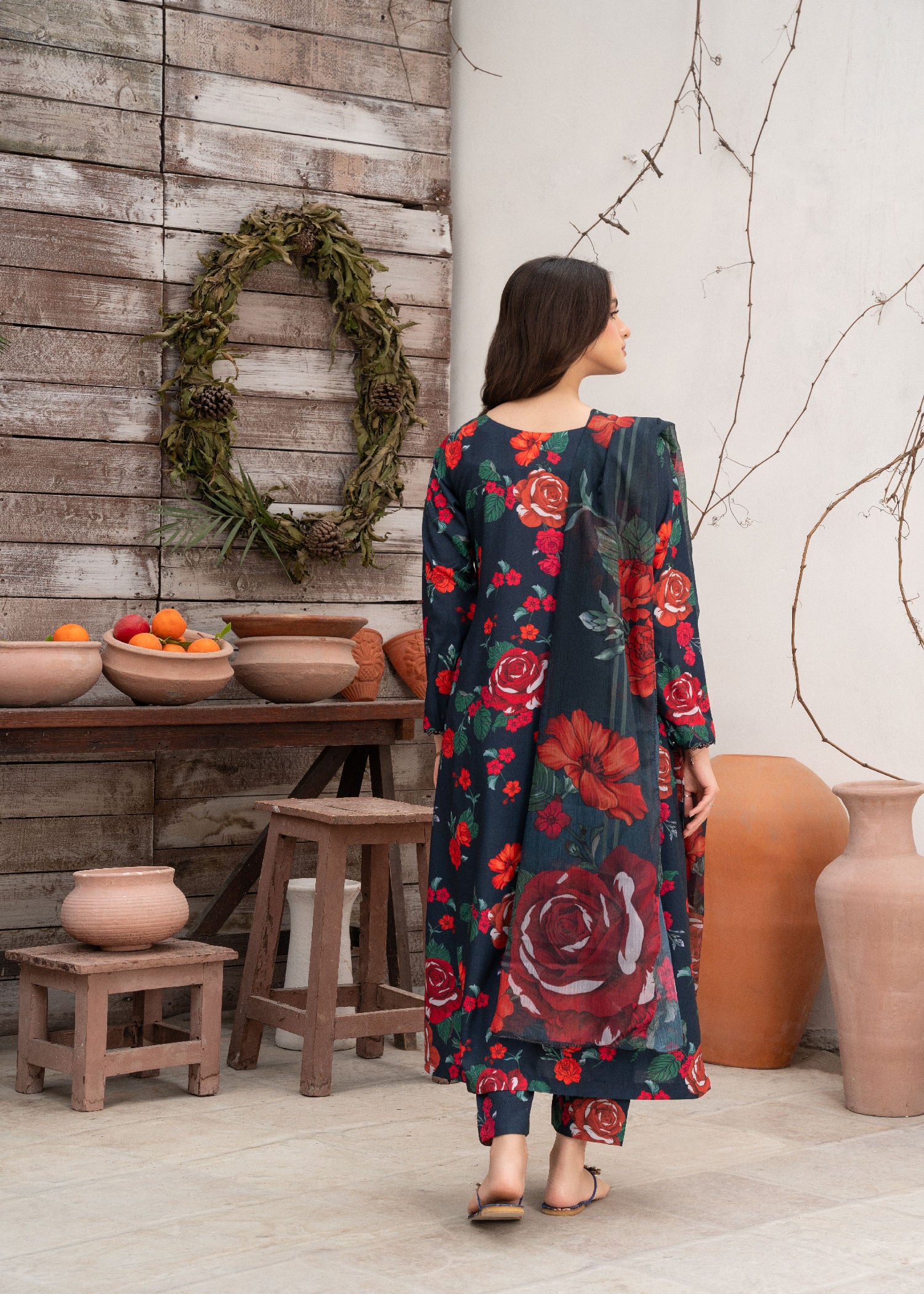 Pakistani Navy Blue Printed & Embroidered Cotton Kurta Set (3-Piece) - Image 3