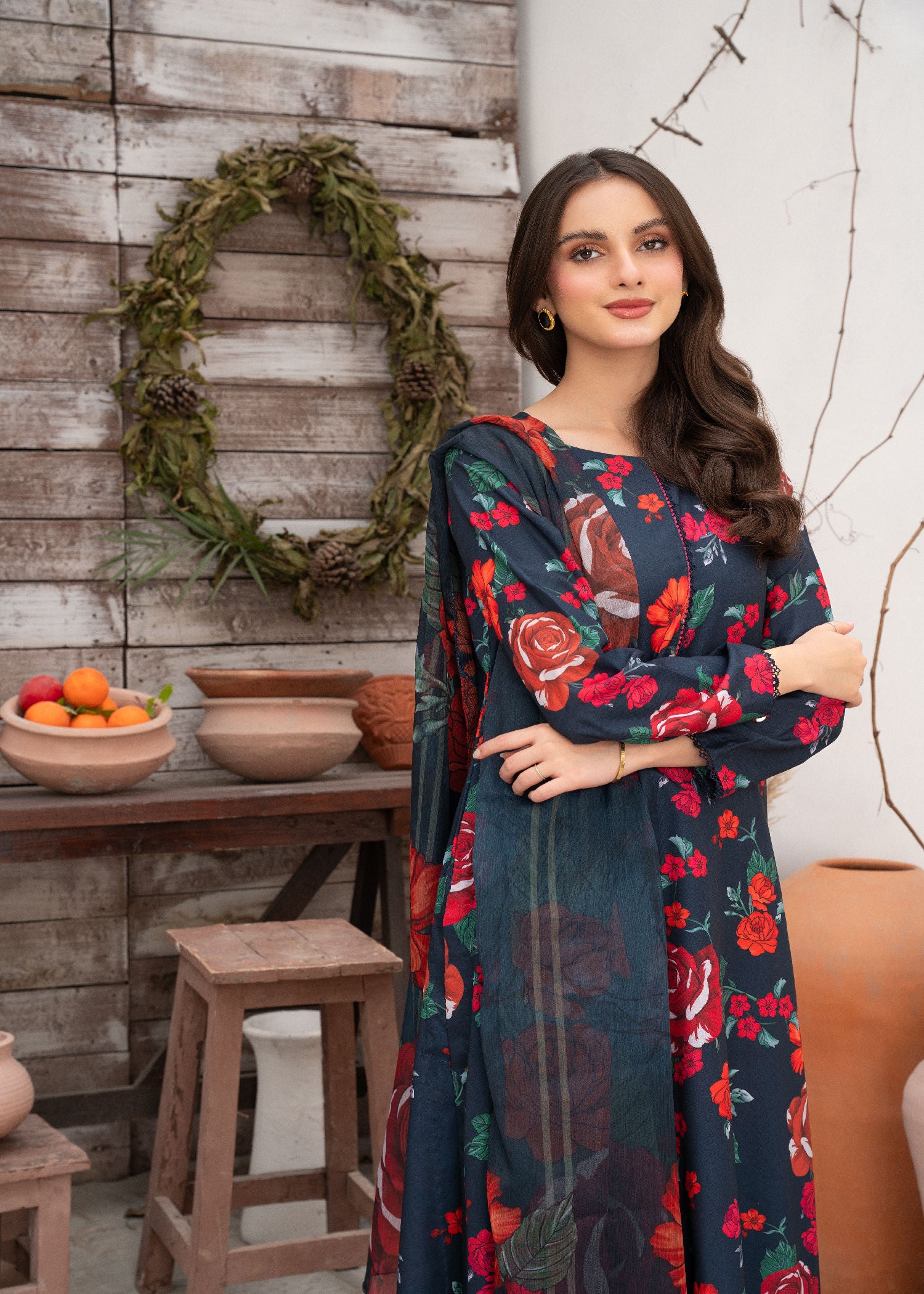 Pakistani Navy Blue Printed & Embroidered Cotton Kurta Set (3-Piece) - Image 5