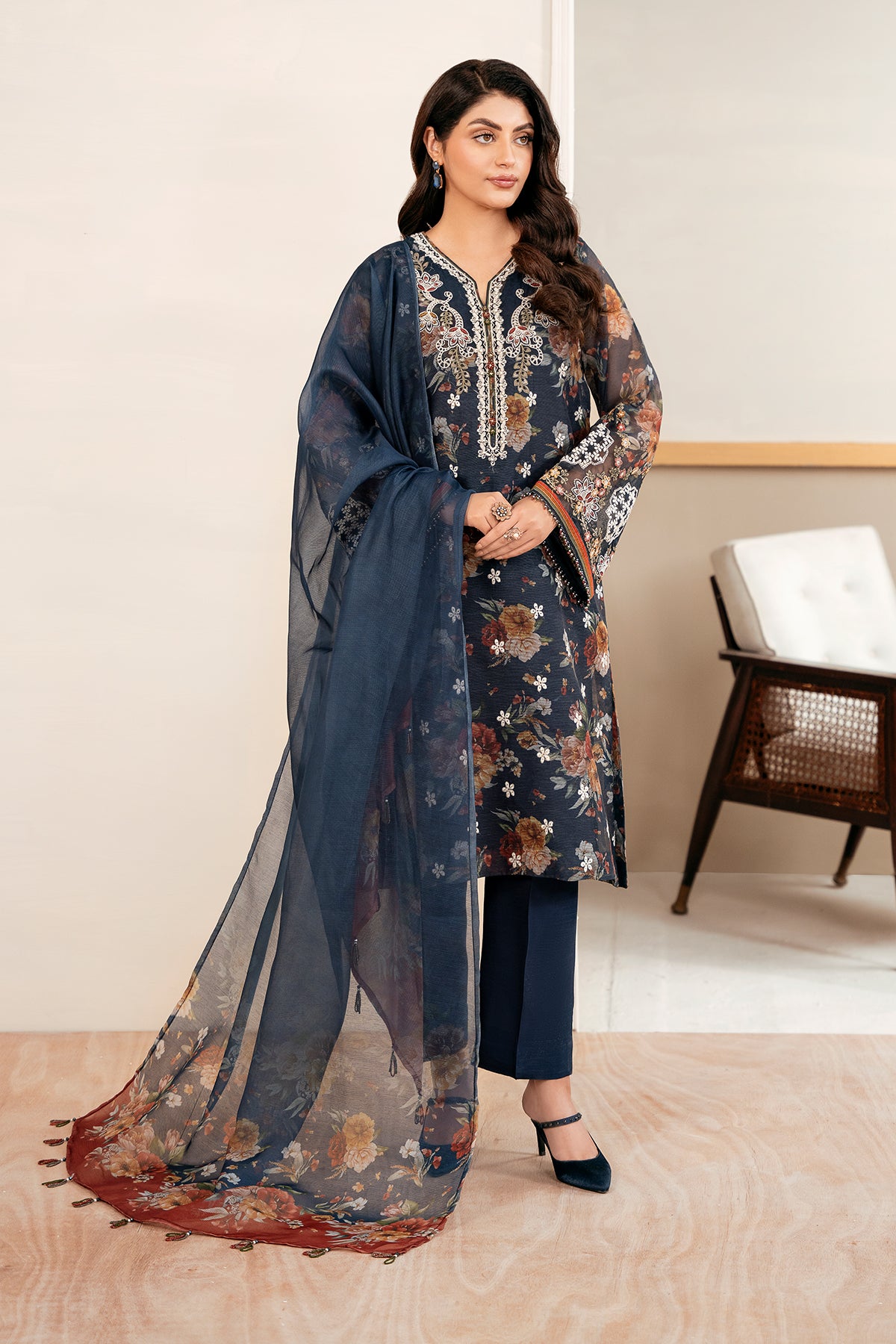 Navy Printed Cotton Net Salwar Kameez (3-Piece) - Image 1