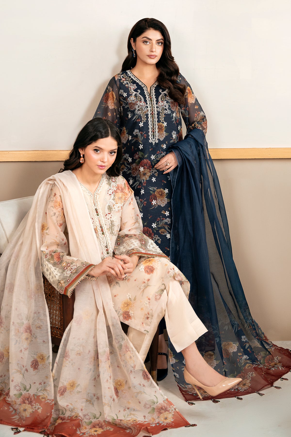 Navy Printed Cotton Net Salwar Kameez (3-Piece) - Image 11
