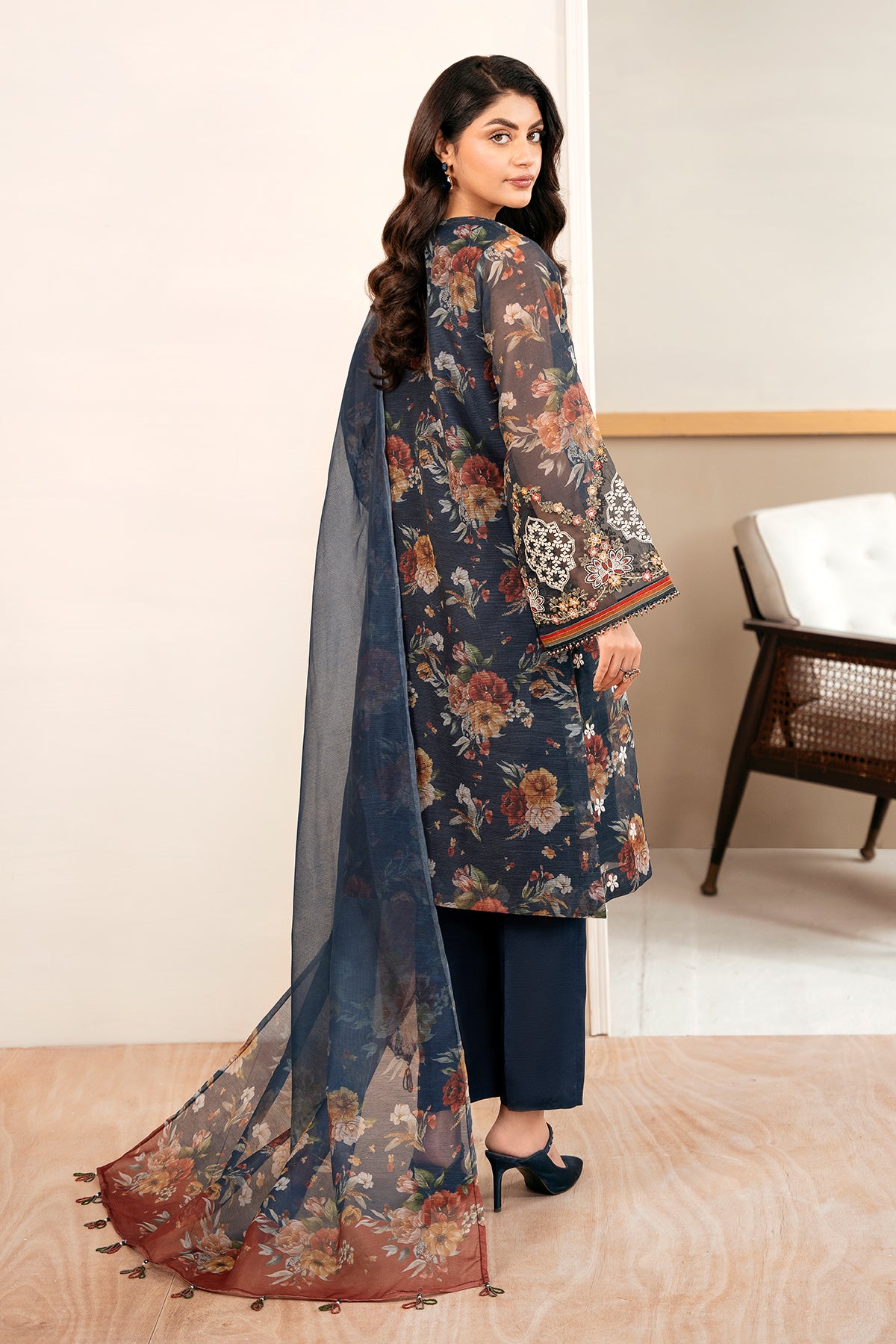Navy Printed Cotton Net Salwar Kameez (3-Piece) - Image 2
