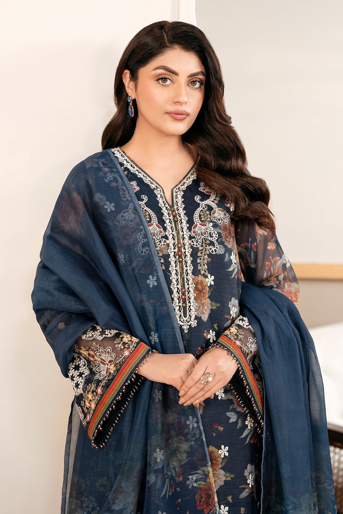 Navy Printed Cotton Net Salwar Kameez (3-Piece) - Image 4