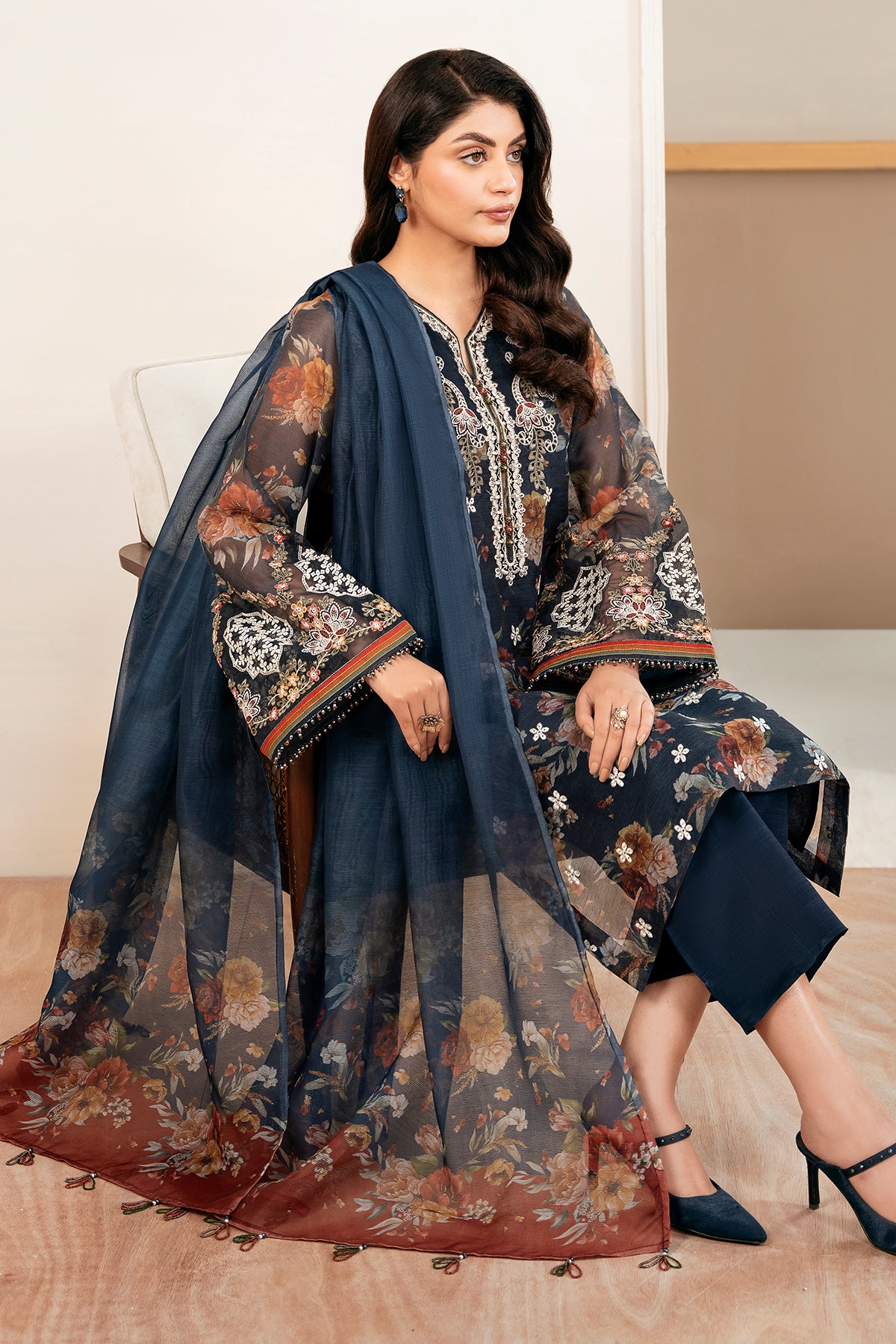 Navy Printed Cotton Net Salwar Kameez (3-Piece) - Image 6