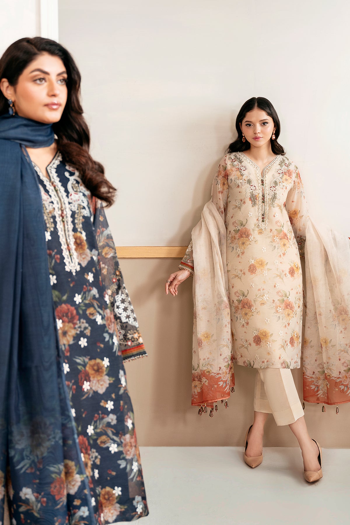 Navy Printed Cotton Net Salwar Kameez (3-Piece) - Image 9