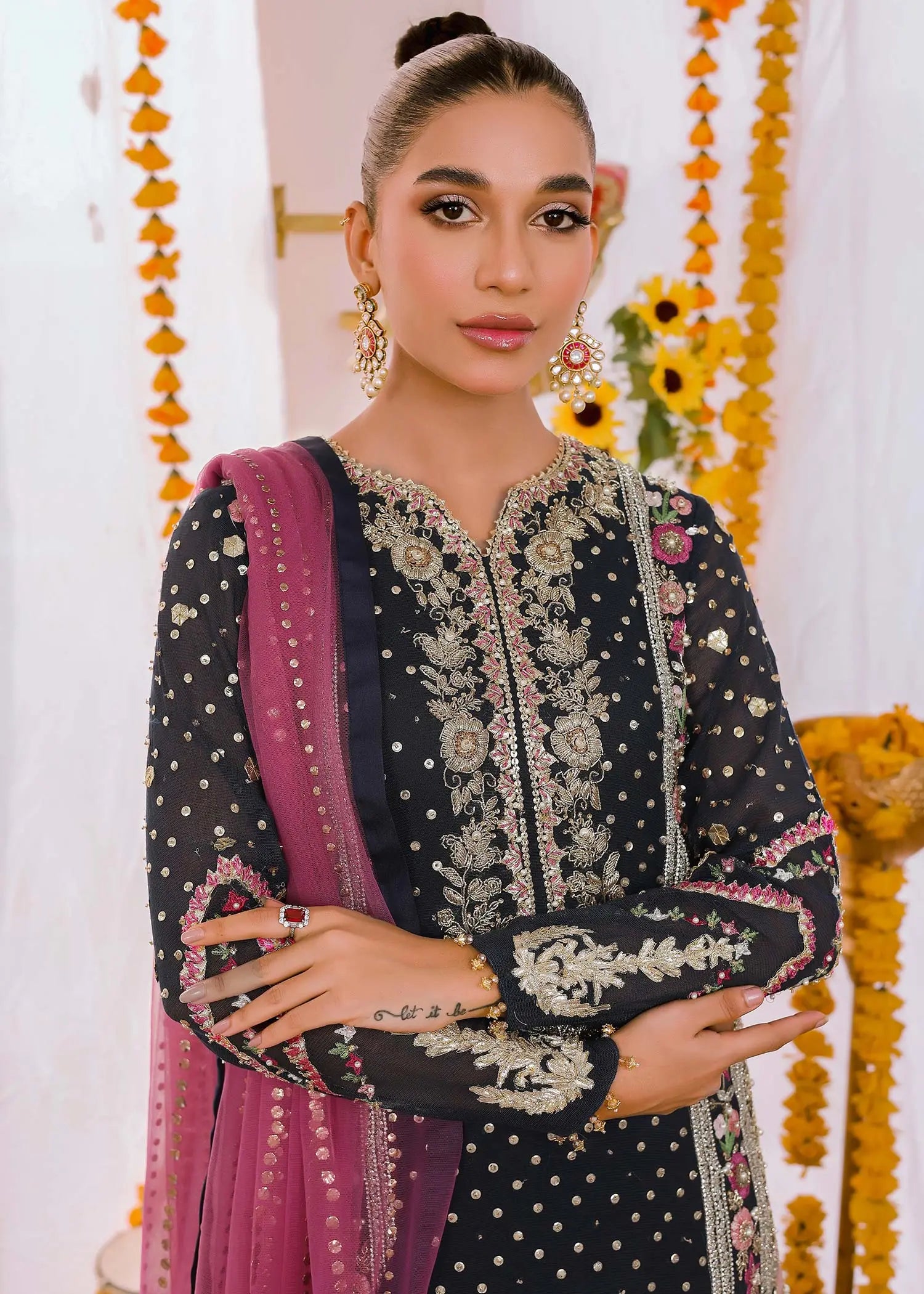 Navy Blue Embroidered Cotton Net Salwar Kameez (3-Piece) - Image 2