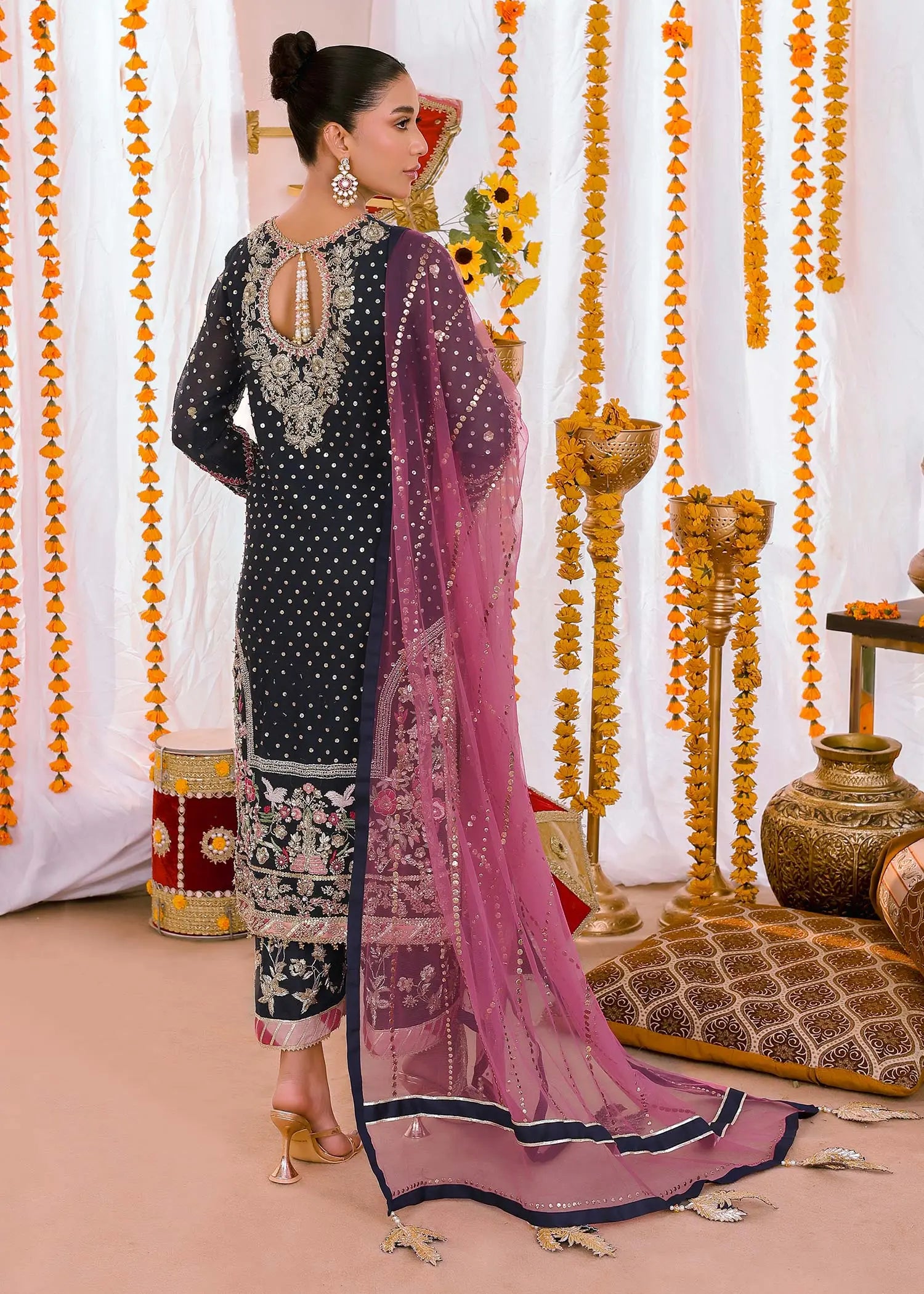 Navy Blue Embroidered Cotton Net Salwar Kameez (3-Piece) - Image 3