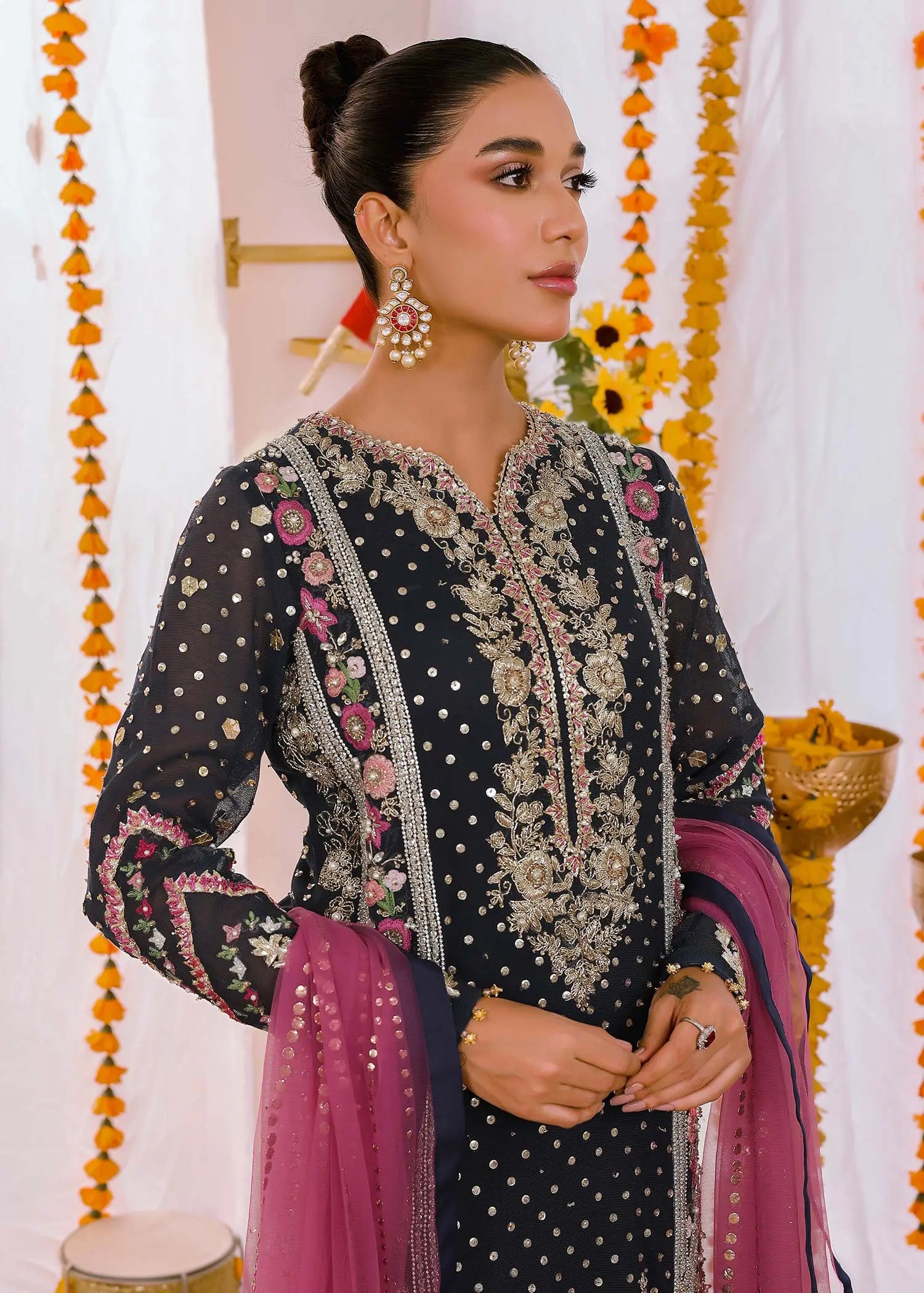 Navy Blue Embroidered Cotton Net Salwar Kameez (3-Piece) - Image 4