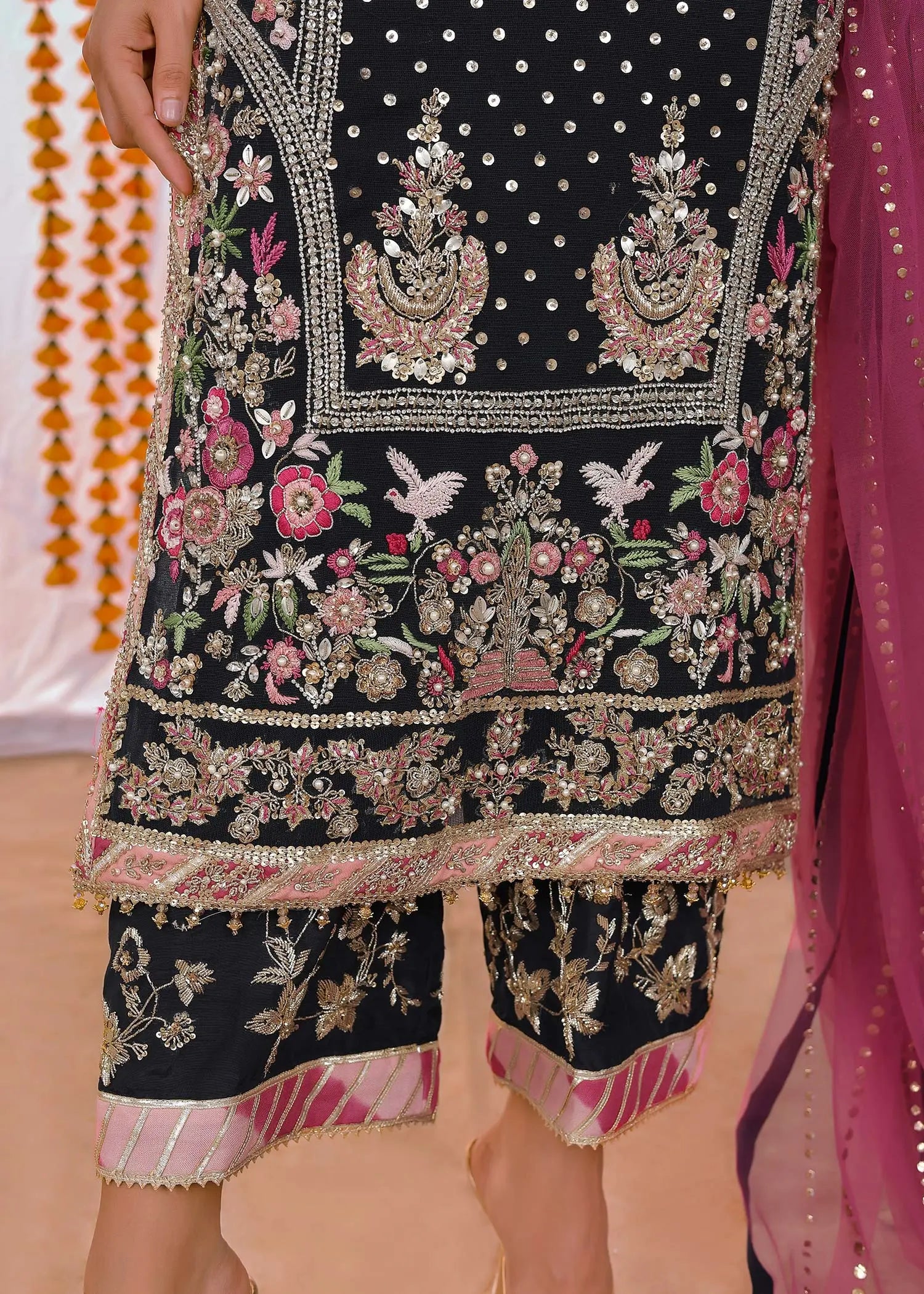 Navy Blue Embroidered Cotton Net Salwar Kameez (3-Piece) - Image 6