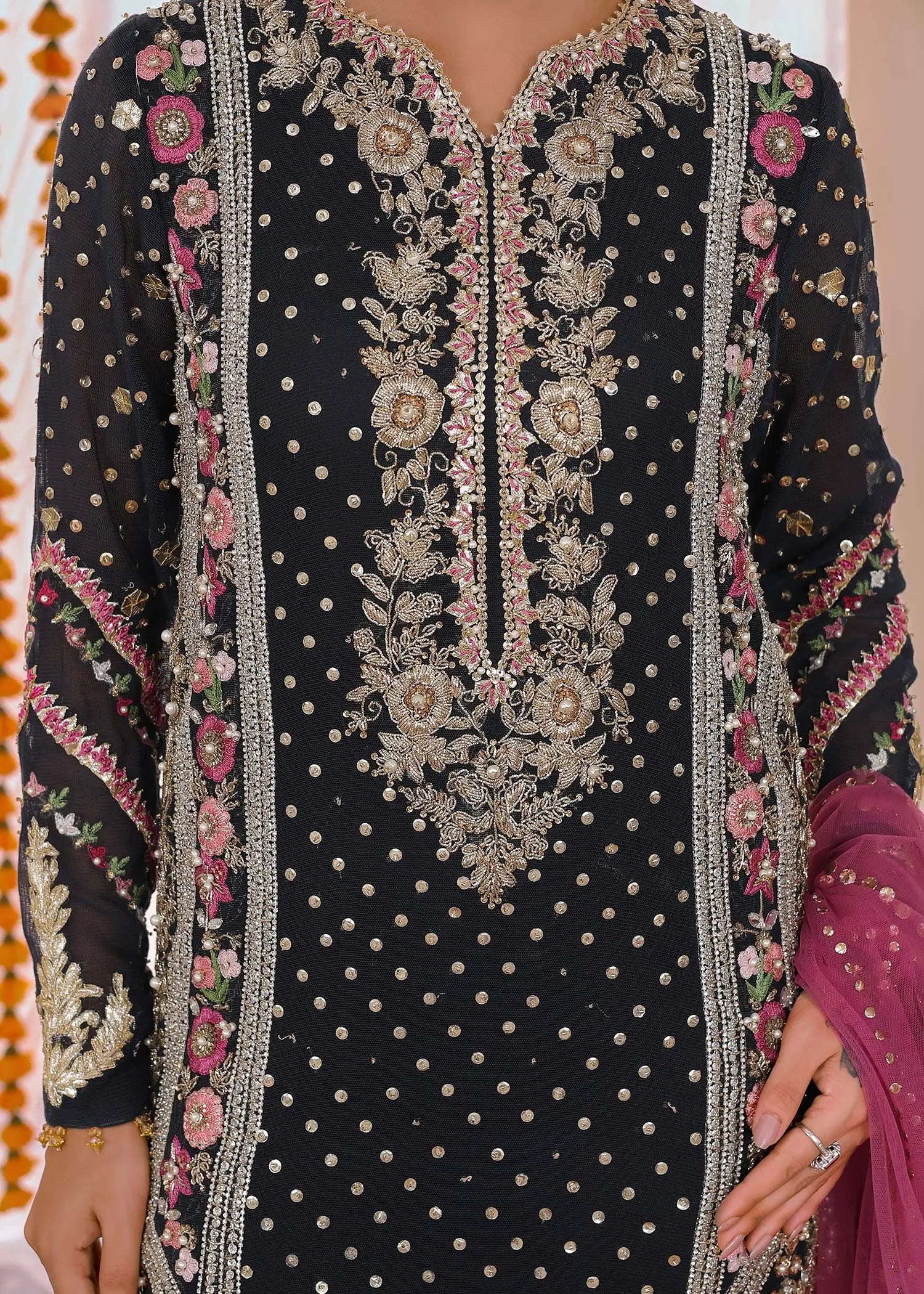 Navy Blue Embroidered Cotton Net Salwar Kameez (3-Piece) - Image 7