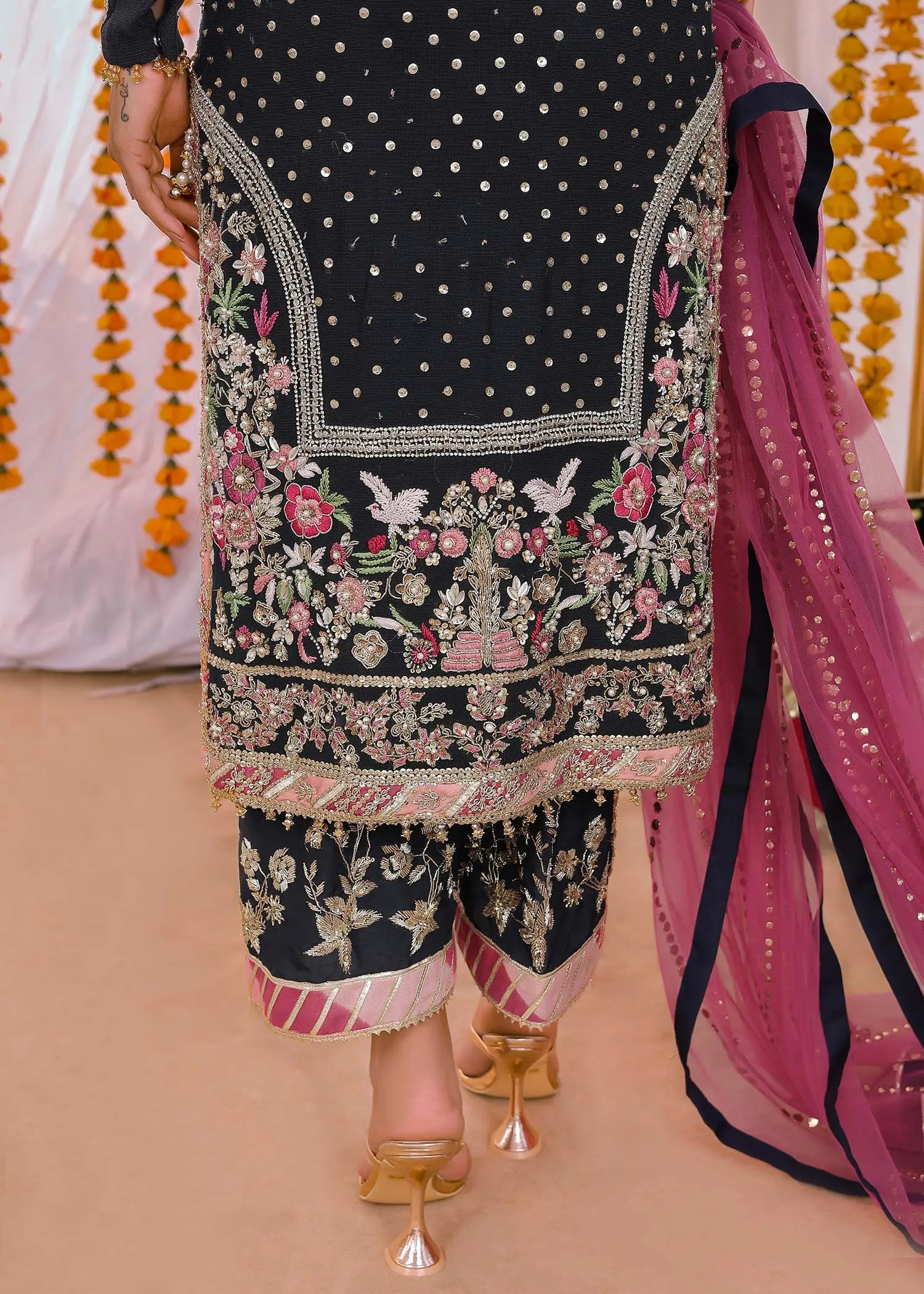 Navy Blue Embroidered Cotton Net Salwar Kameez (3-Piece) - Image 8