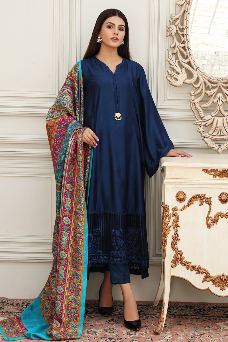 Pakistani Navy Blue Embroidered Cotton Net Salwar Kameez (3-Piece) - Image 1