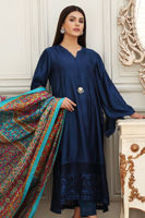 Pakistani Navy Blue Embroidered Cotton Net Salwar Kameez (3-Piece) - Image 3