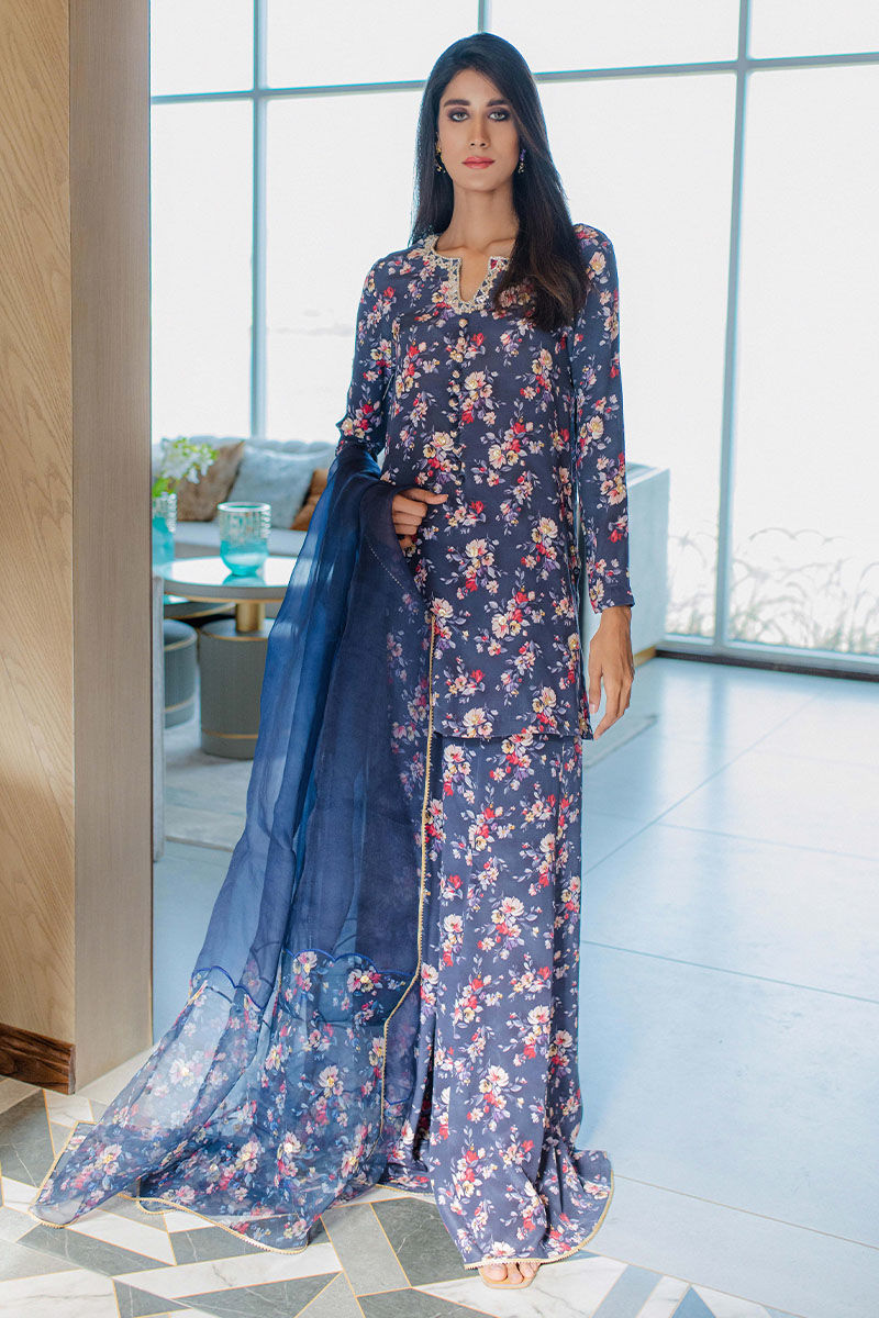 Pakistani Navy Floral Embroidered Pure Crepe Salwar Kameez (3-Piece) - Image 1