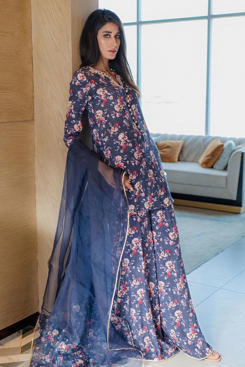 Pakistani Navy Floral Embroidered Pure Crepe Salwar Kameez (3-Piece) - Image 2