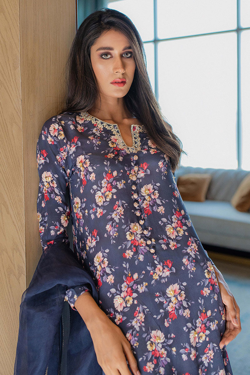 Pakistani Navy Floral Embroidered Pure Crepe Salwar Kameez (3-Piece) - Image 3