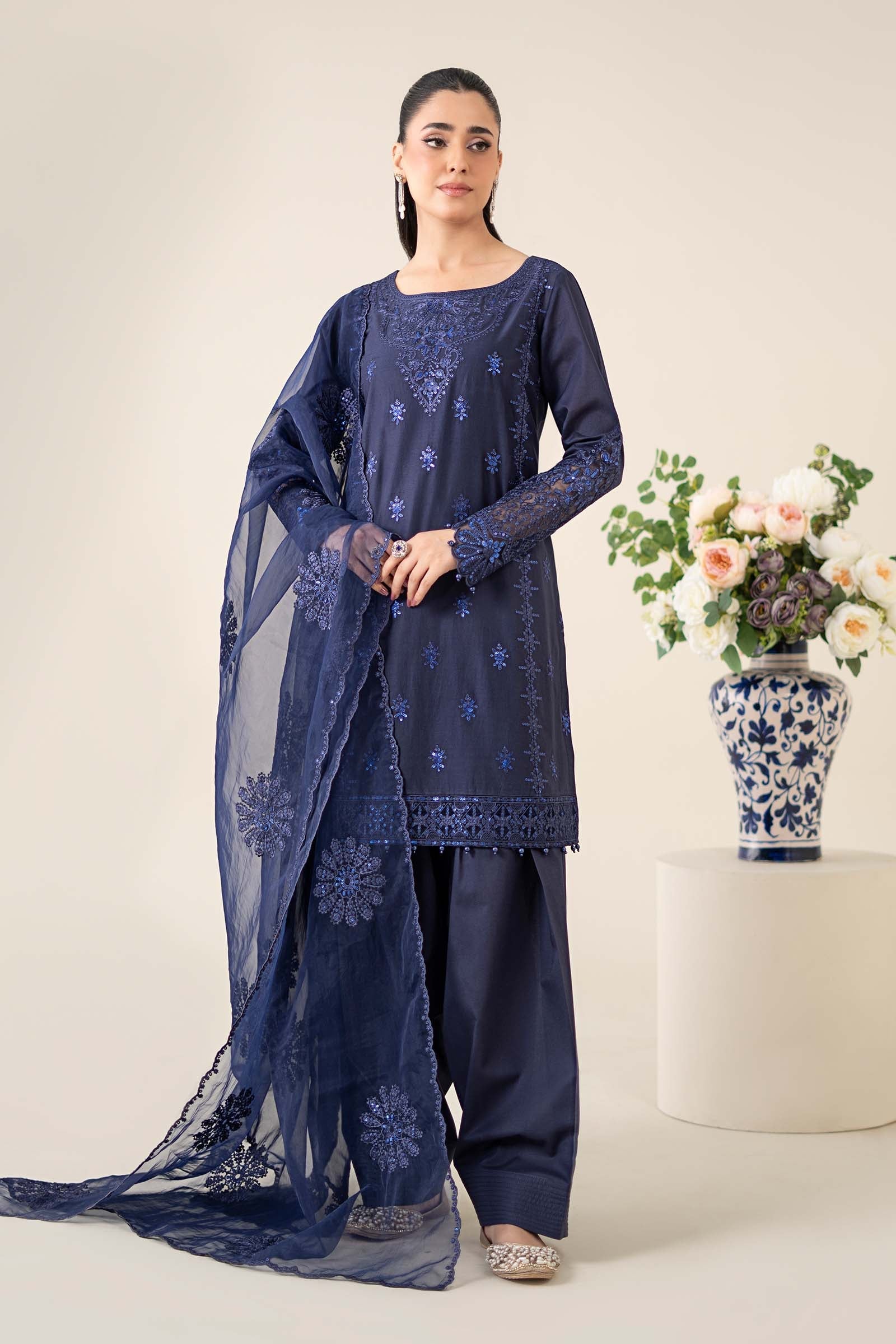 Navy Blue Embroidered Dobby Salwar Kameez (3-Piece) - Image 1