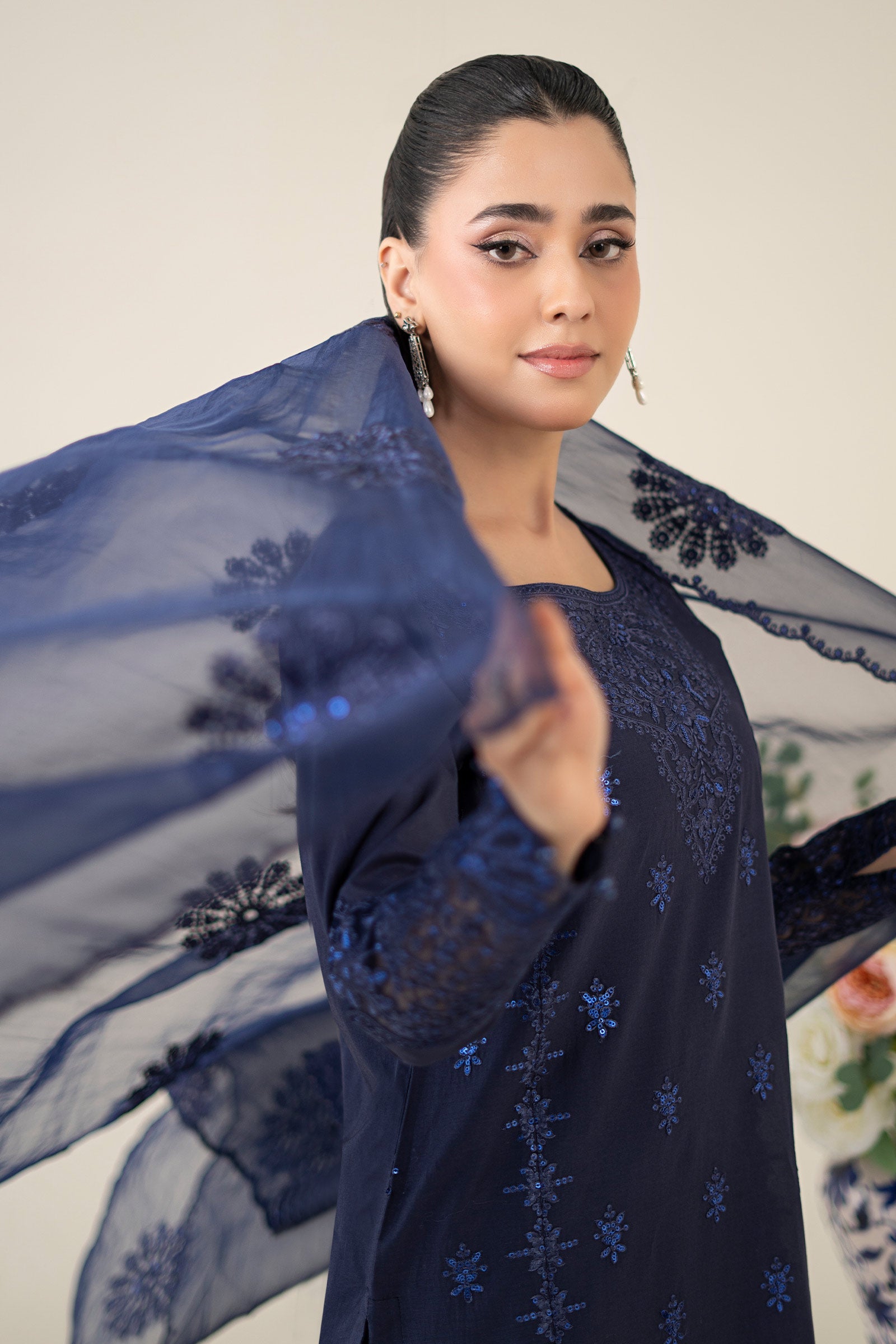 Navy Blue Embroidered Dobby Salwar Kameez (3-Piece) - Image 3