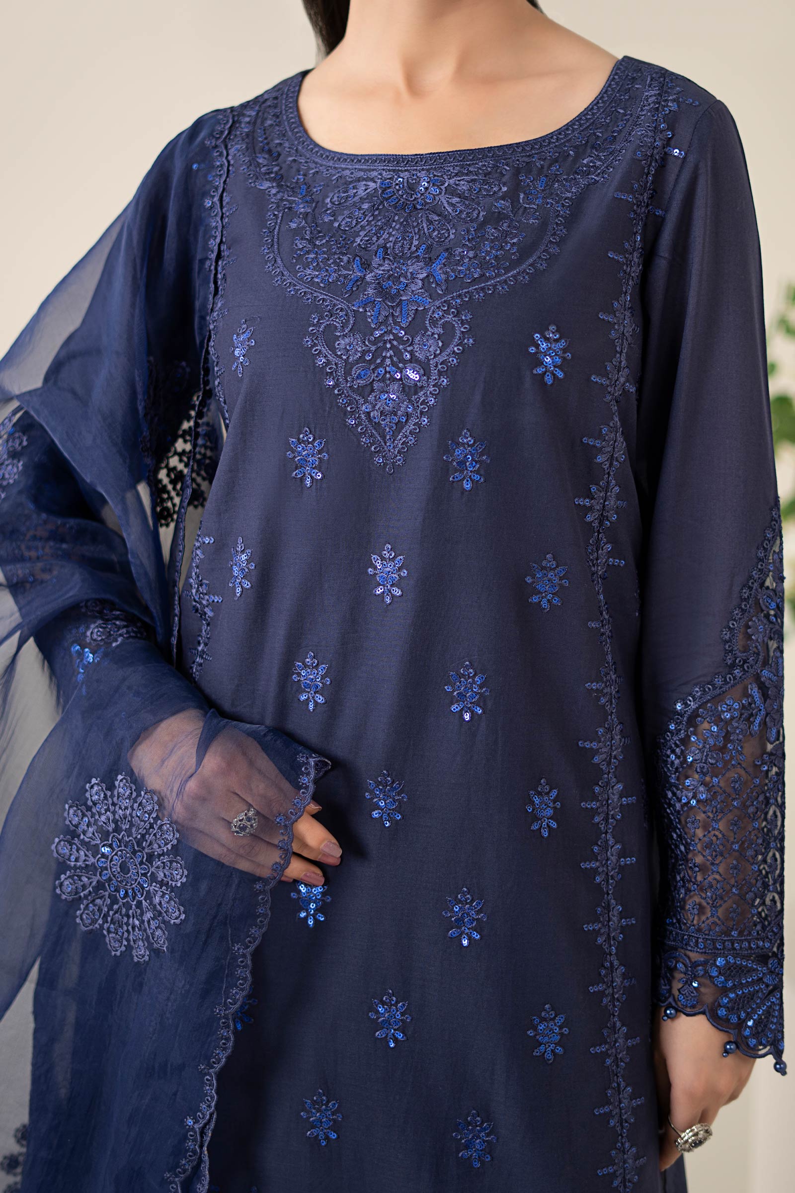 Navy Blue Embroidered Dobby Salwar Kameez (3-Piece) - Image 4