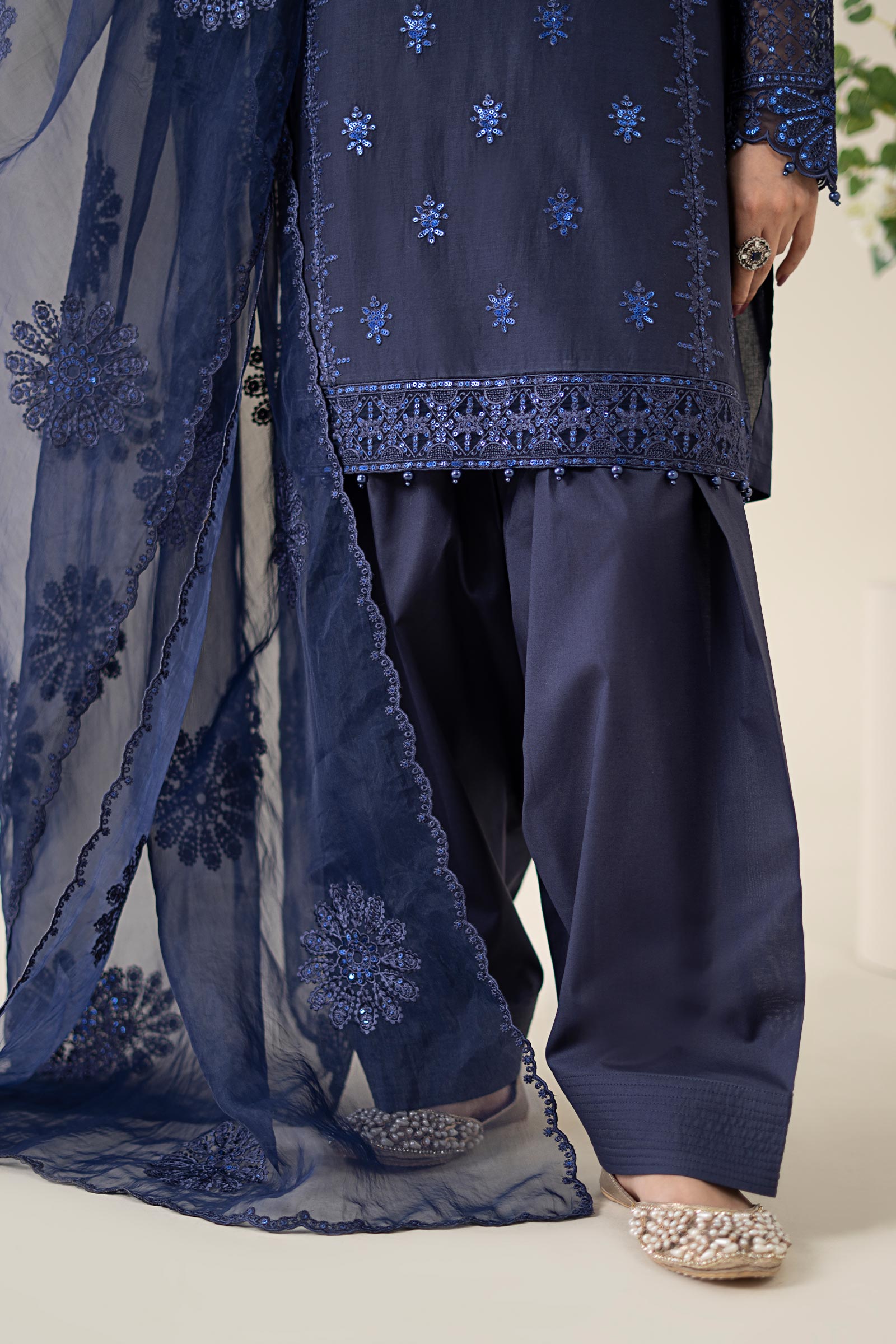 Navy Blue Embroidered Dobby Salwar Kameez (3-Piece) - Image 5