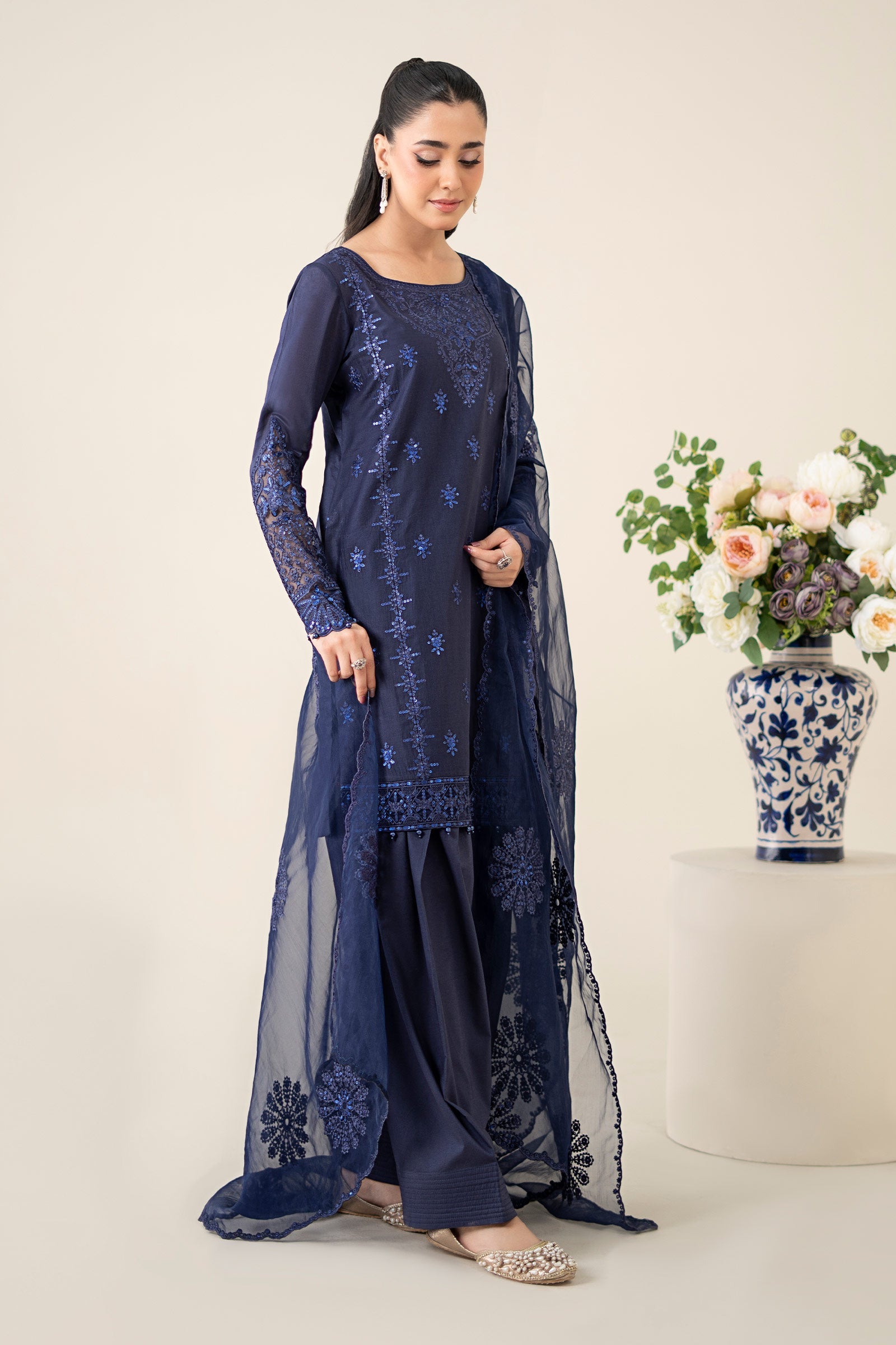 Navy Blue Embroidered Dobby Salwar Kameez (3-Piece) - Image 6