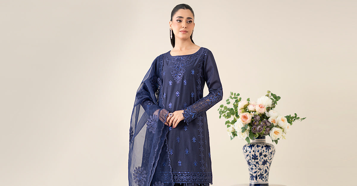 Navy Blue Embroidered Dobby Salwar Kameez (3-Piece) - Image 8
