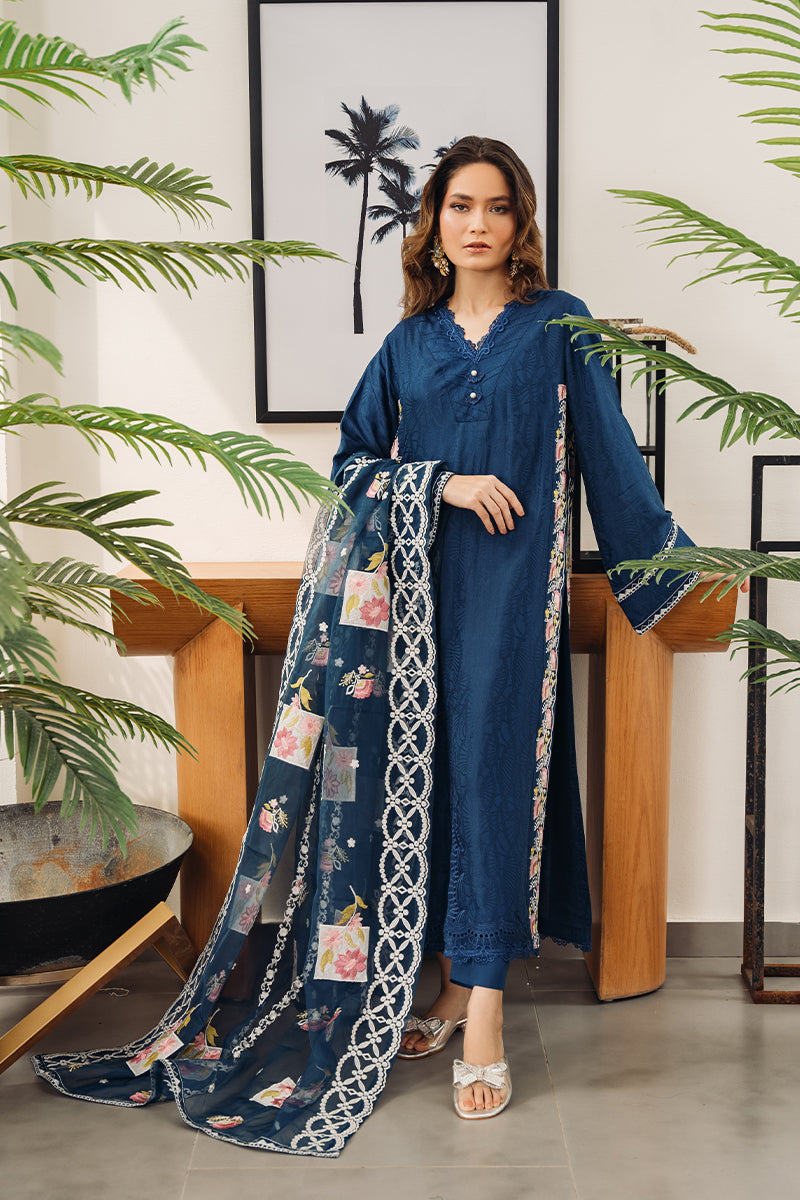 Navy Blue Embroidered Embossed Silk Salwar Kameez (3-Piece) - Image 1