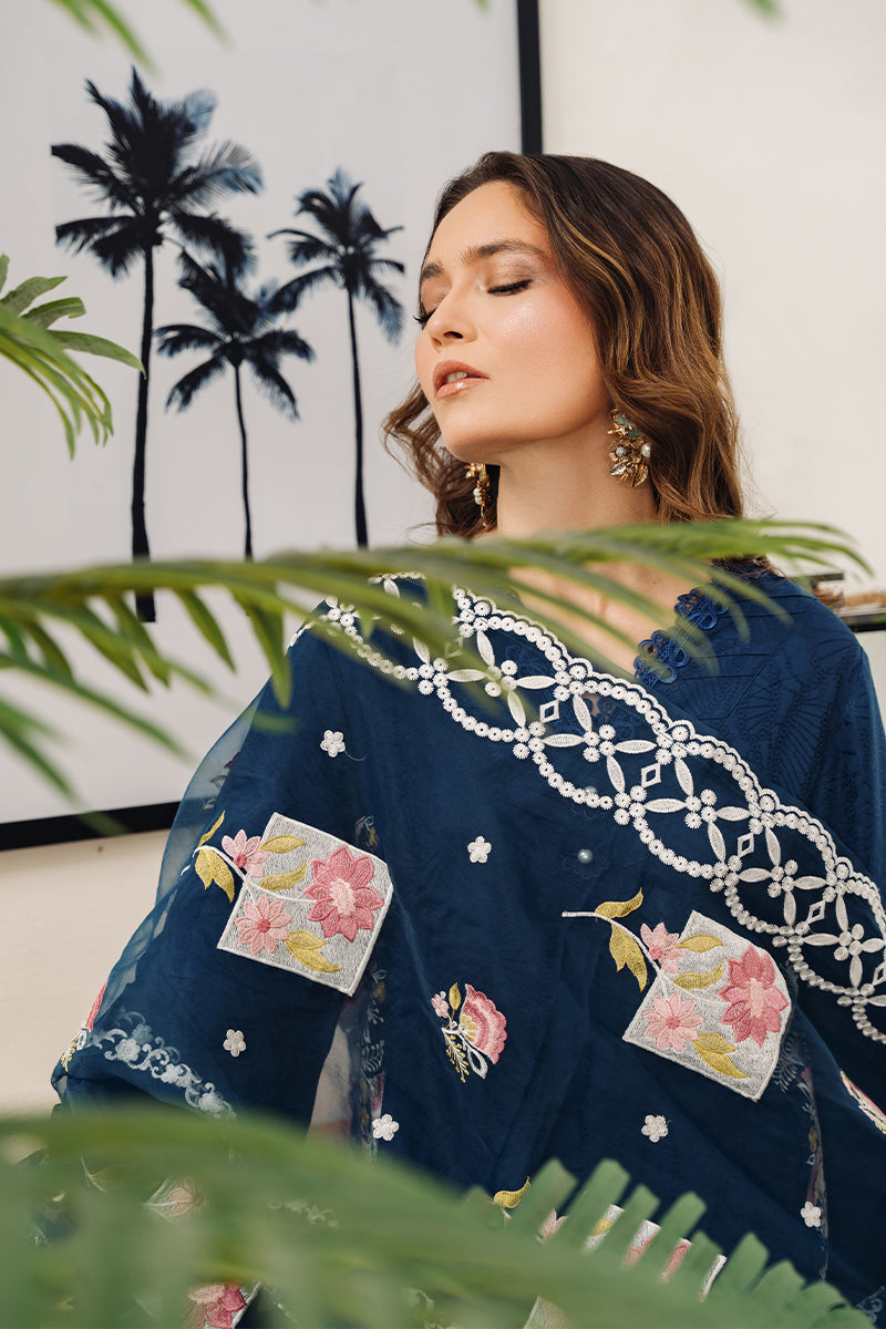 Navy Blue Embroidered Embossed Silk Salwar Kameez (3-Piece) - Image 3