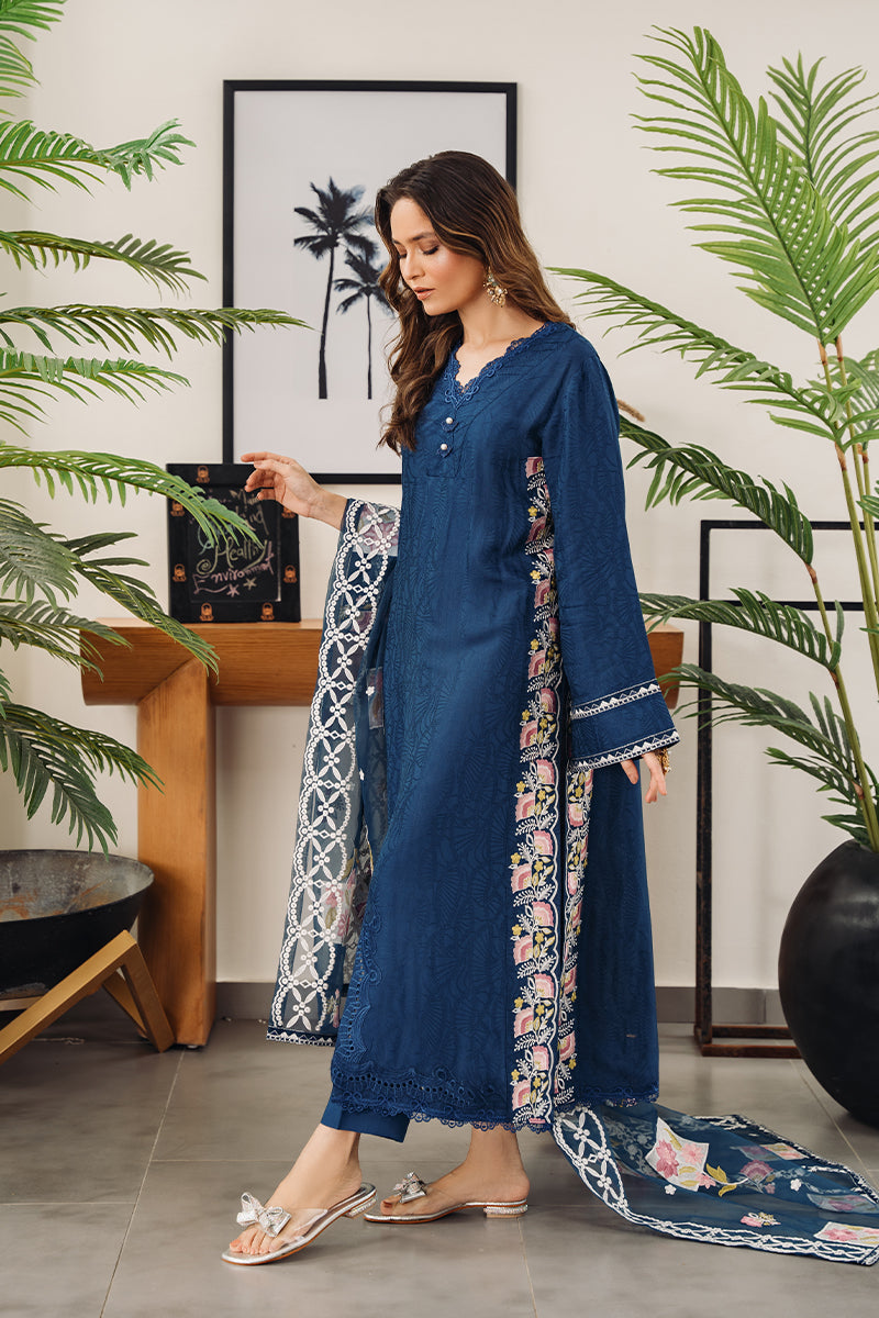 Navy Blue Embroidered Embossed Silk Salwar Kameez (3-Piece) - Image 4