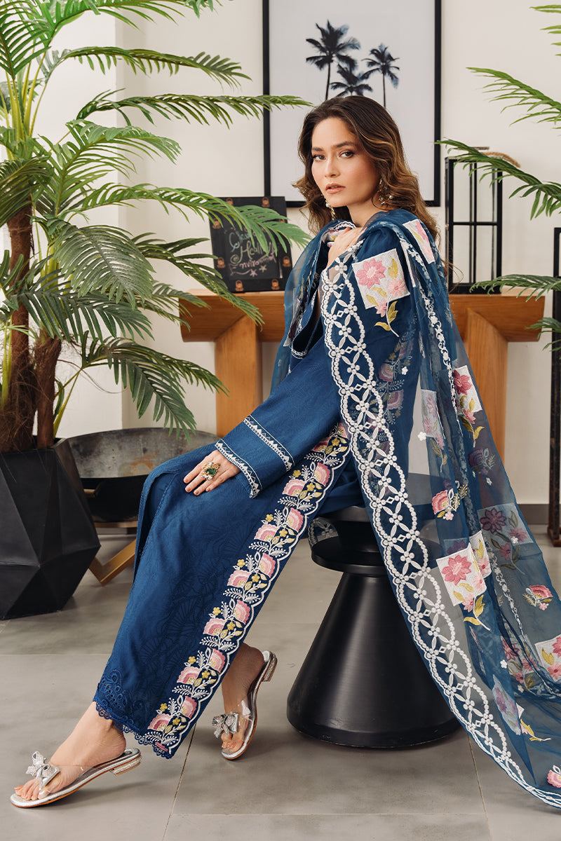 Navy Blue Embroidered Embossed Silk Salwar Kameez (3-Piece) - Image 7