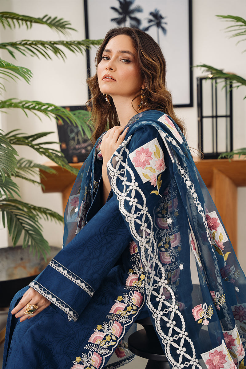 Navy Blue Embroidered Embossed Silk Salwar Kameez (3-Piece) - Image 8