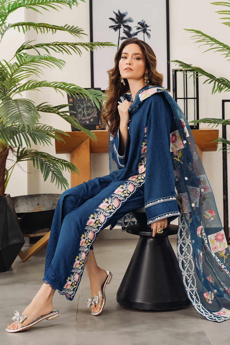 Pakistani Navy Blue Embroidered Silk Salwar Kameez (3-Piece) - Image 6