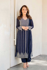 Pakistani Navy Blue Hand-Embellished Georgette Salwar Kameez (2-Piece) - Image 3
