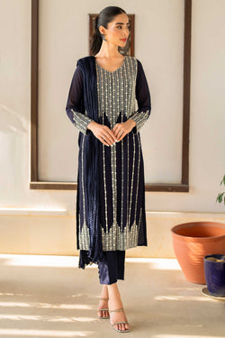 Pakistani Navy Blue Beaded Georgette Salwar Kameez (3-Piece) - Image 1