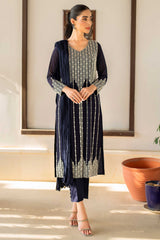 Pakistani Navy Blue Beaded Georgette Salwar Kameez (3-Piece) - Image 2