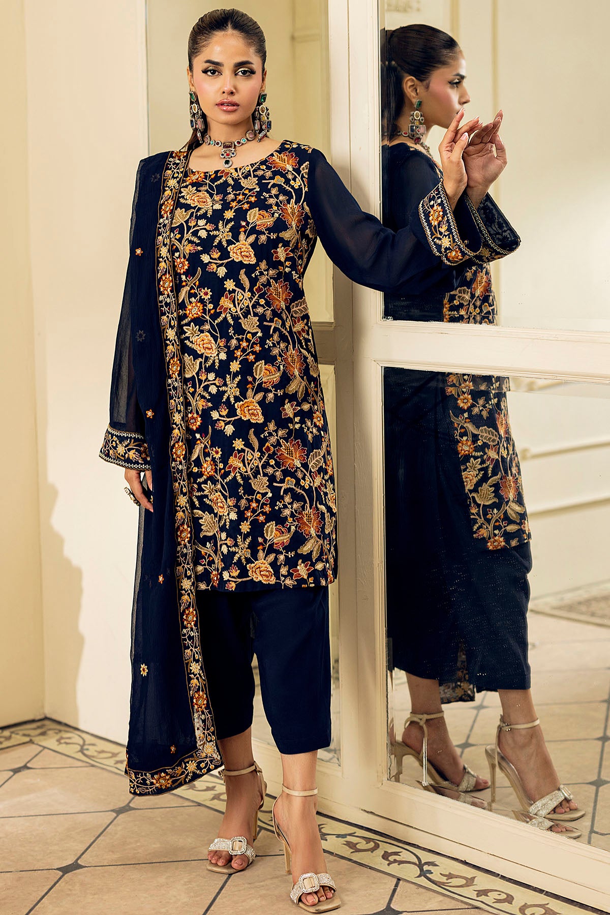 Navy Embroidered Georgette Chiffon 3-Piece Suit - Image 1