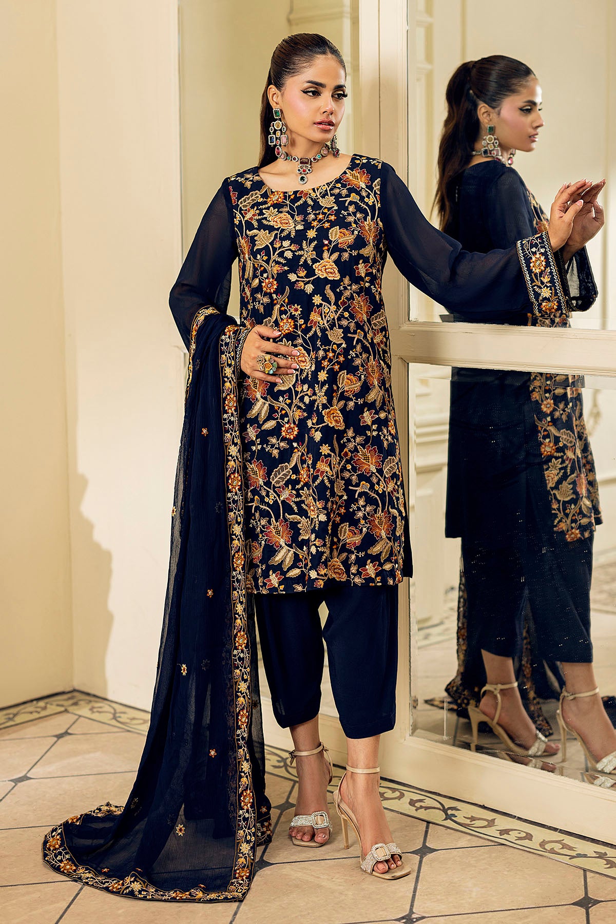 Navy Embroidered Georgette Chiffon 3-Piece Suit - Image 2