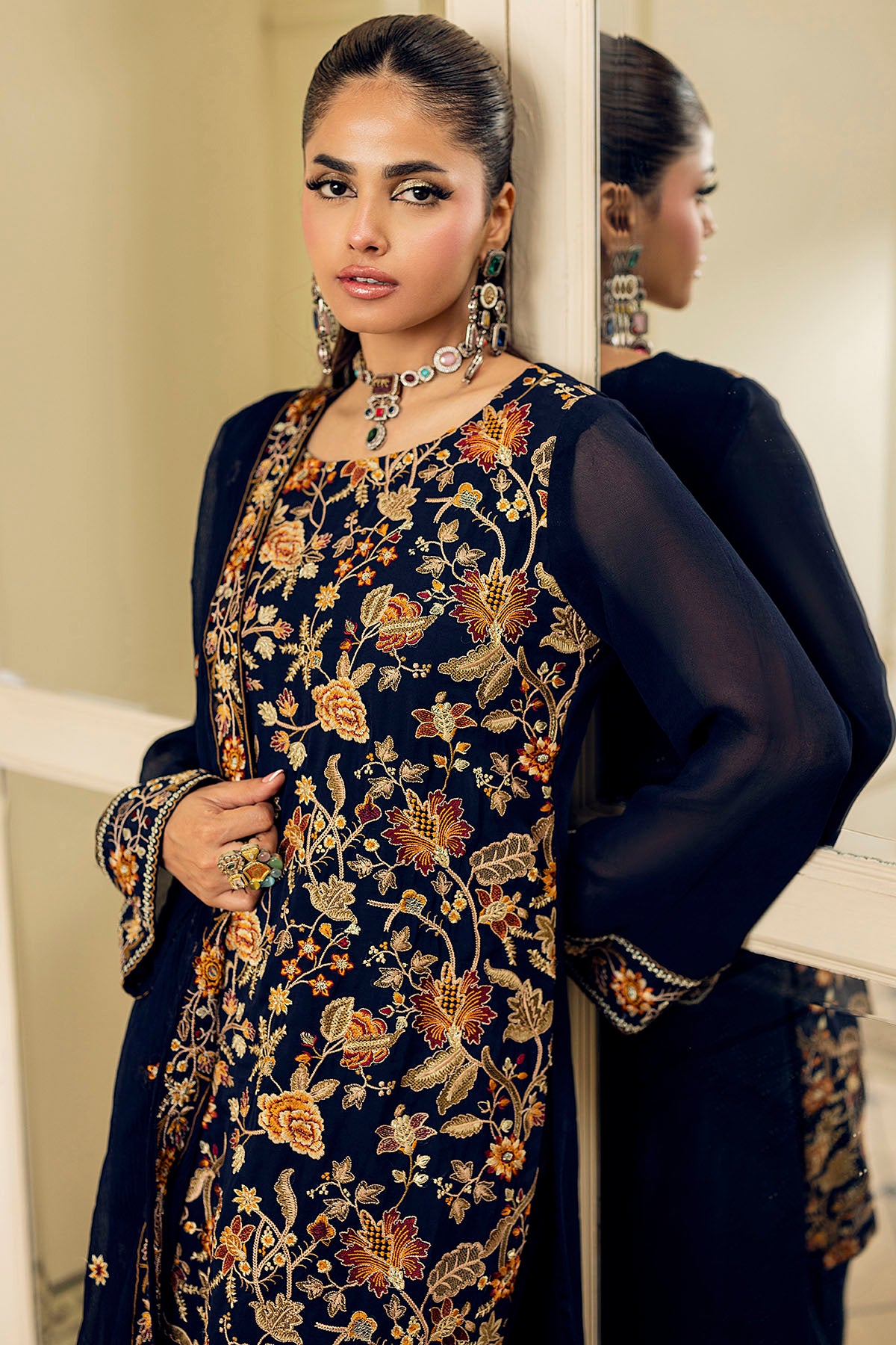 Navy Embroidered Georgette Chiffon 3-Piece Suit - Image 3