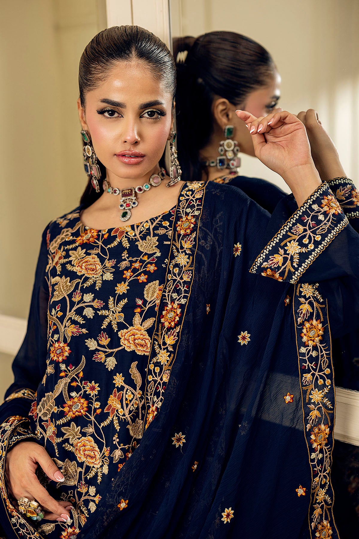 Navy Embroidered Georgette Chiffon 3-Piece Suit - Image 4