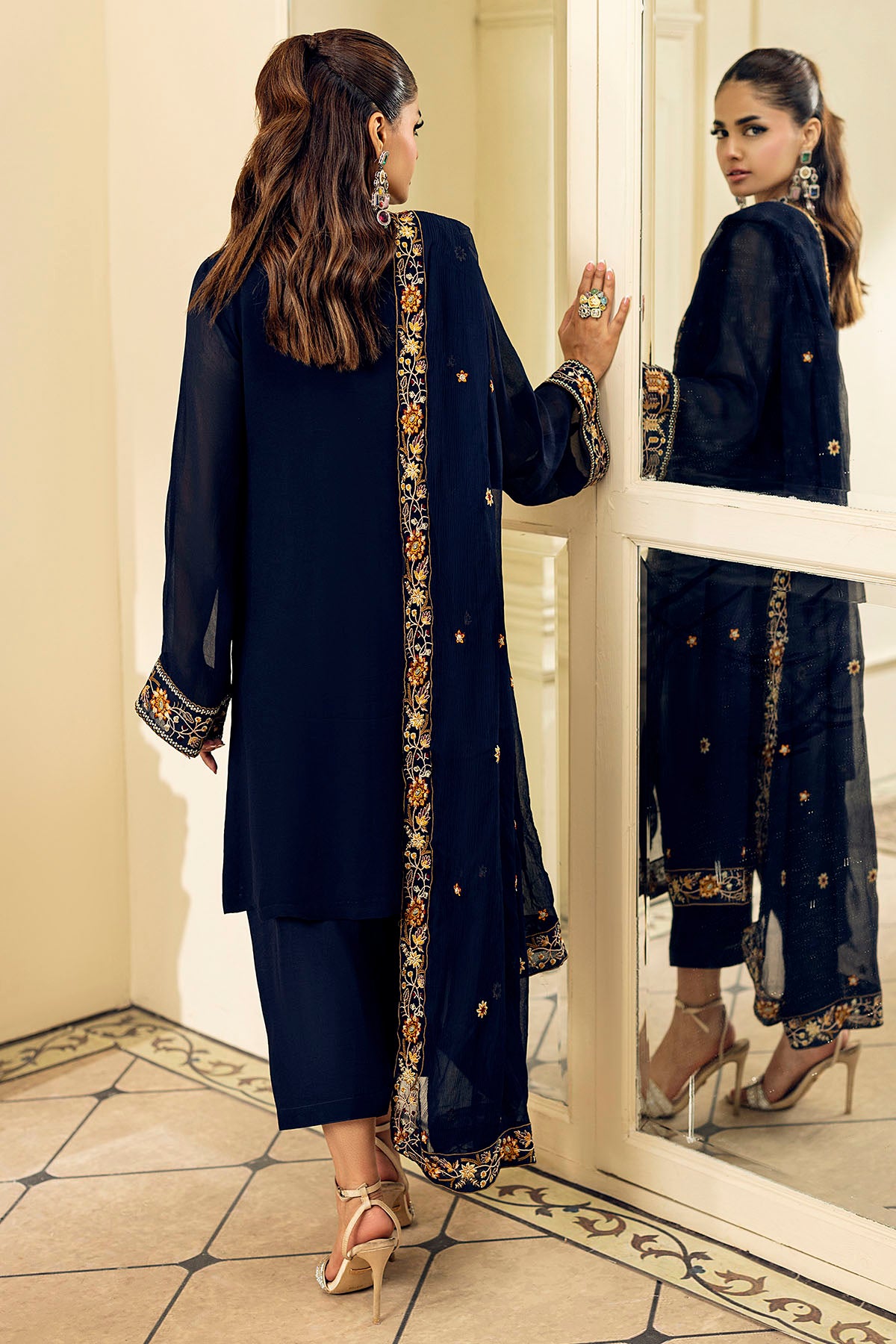 Navy Embroidered Georgette Chiffon 3-Piece Suit - Image 5