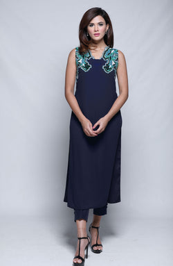 Pakistani Navy Crystal Embellished Georgette Chiffon Tunic (2-Piece) - Image 1