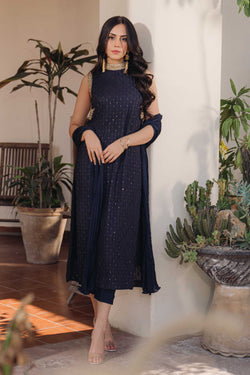 Navy Blue Sequinned Georgette Salwar Kameez (3-Piece) - Image 1