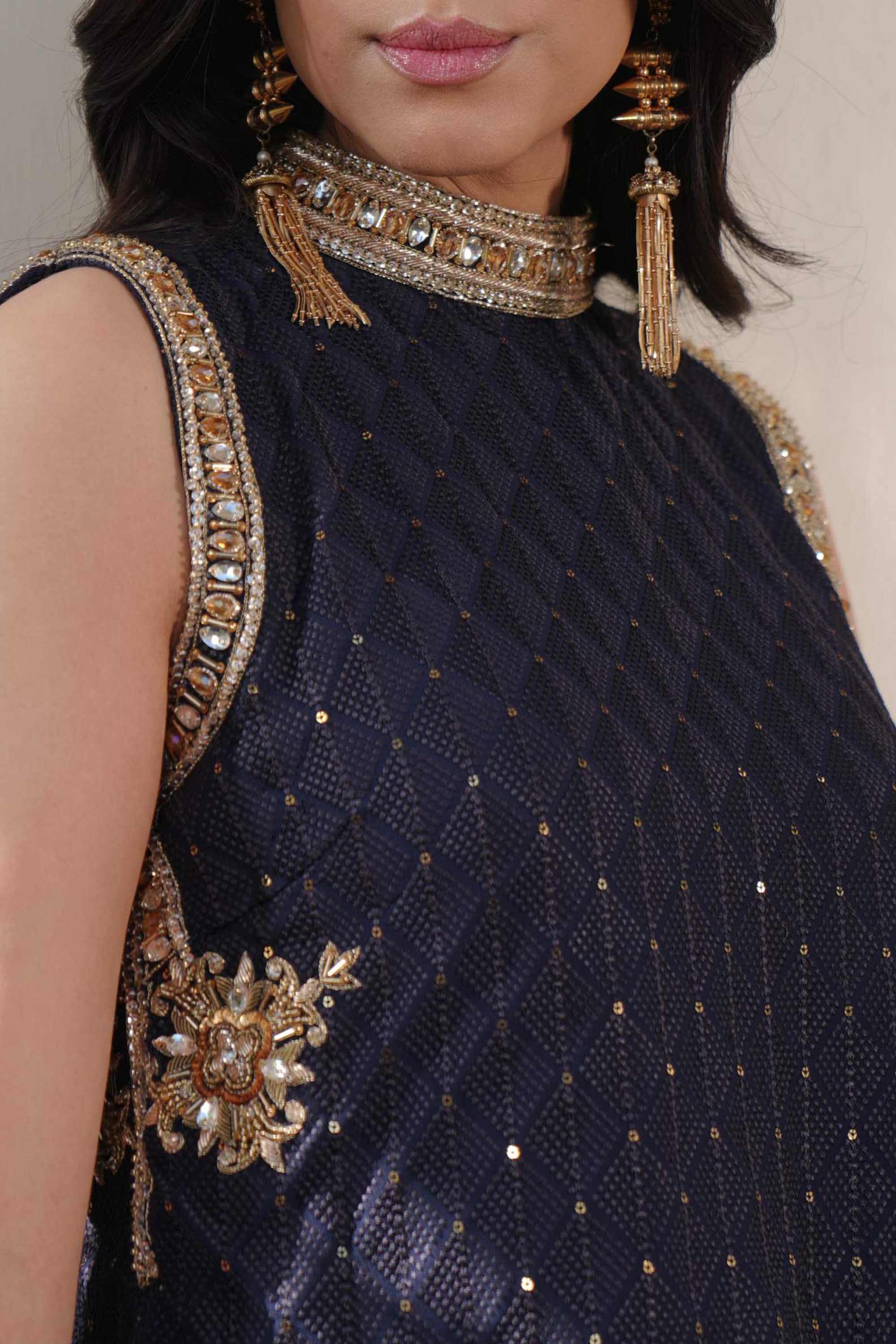 Navy Blue Sequinned Georgette Salwar Kameez (3-Piece) - Image 7