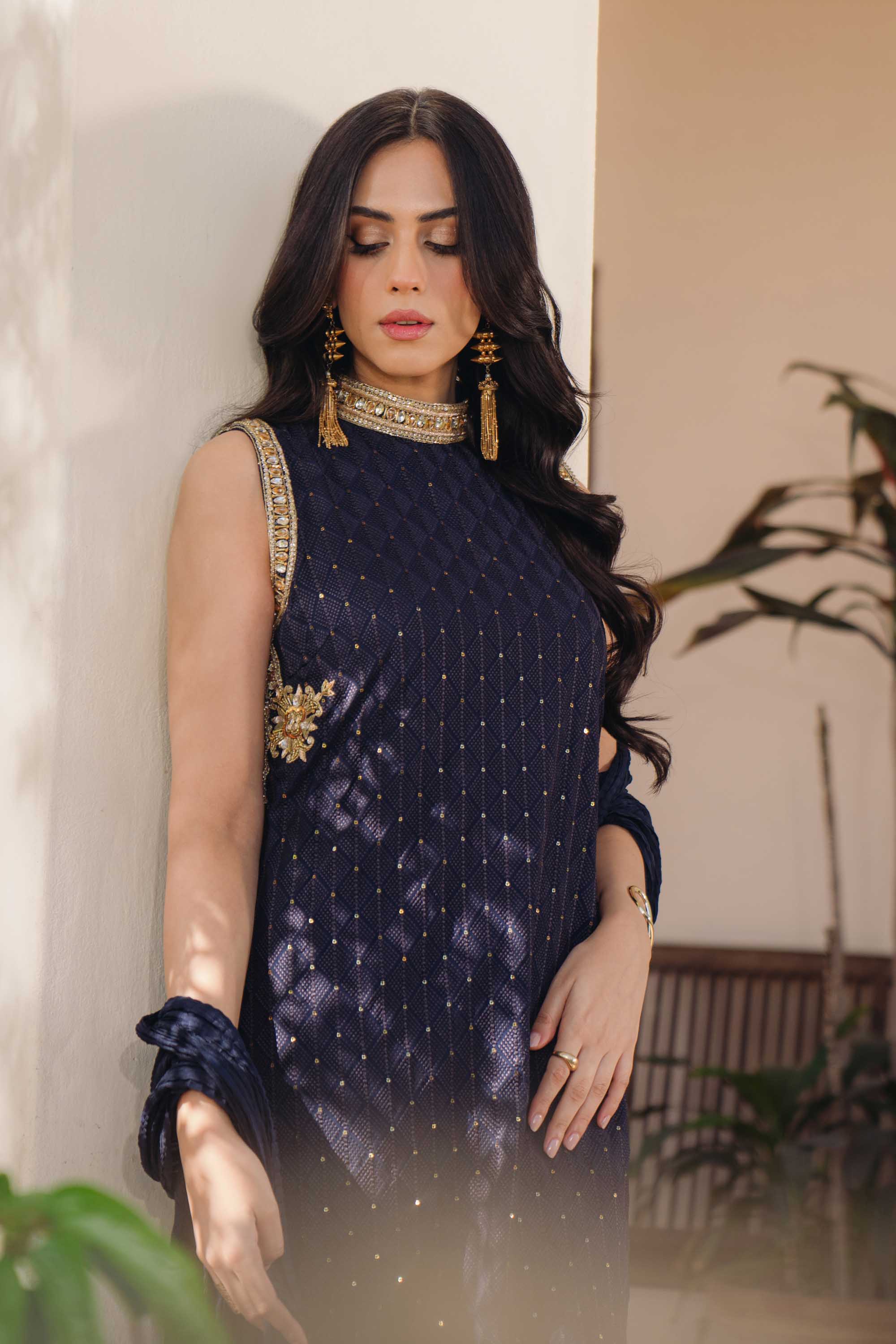 Navy Blue Sequinned Georgette Salwar Kameez (3-Piece) - Image 8