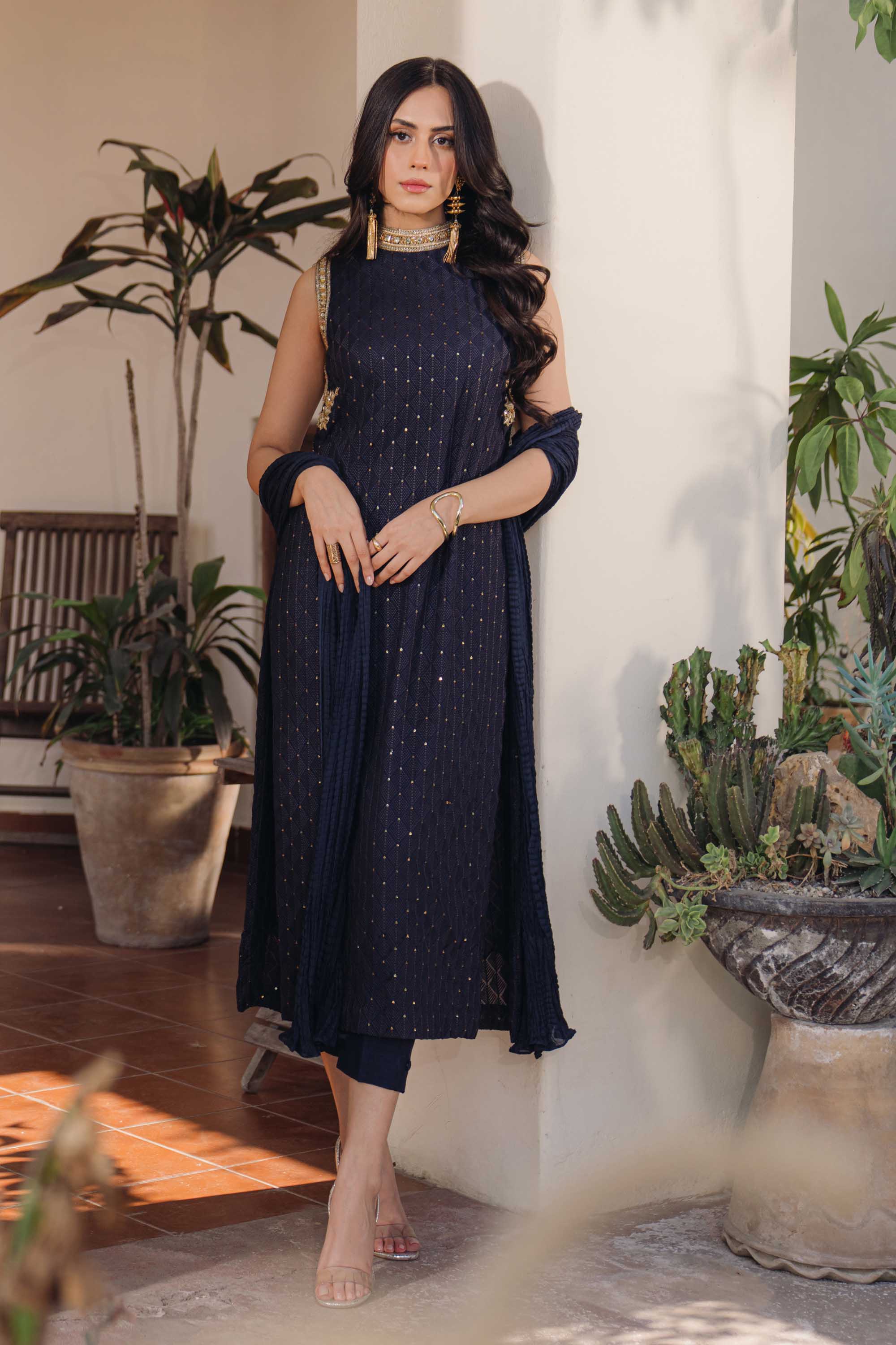 Navy Blue Sequinned Georgette Salwar Kameez (3-Piece) - Image 2
