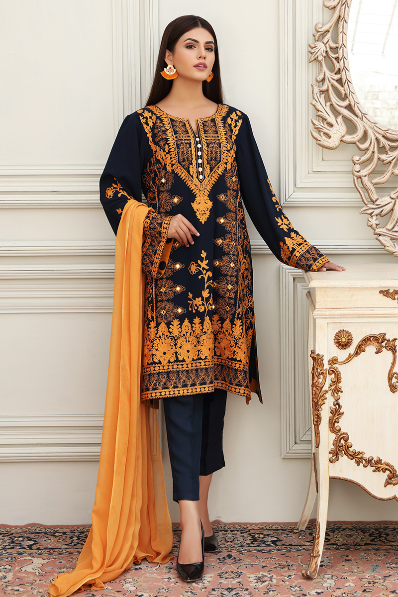 Navy Blue Embroidered Georgette Salwar Kameez (3-Piece) - Image 1