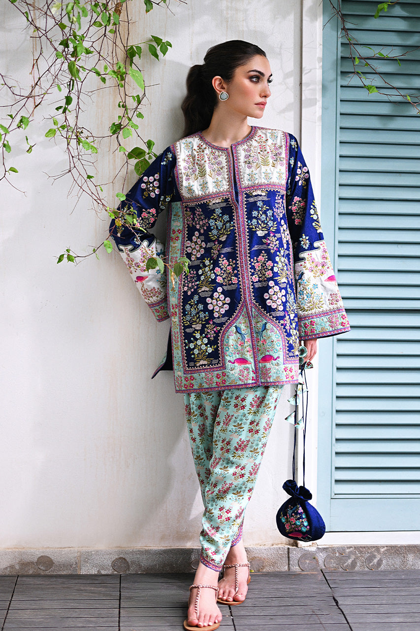 Pakistani Navy Celadon Embroidered Jamawar Charmeuse Salwar Kameez (2-Piece) - Image 1