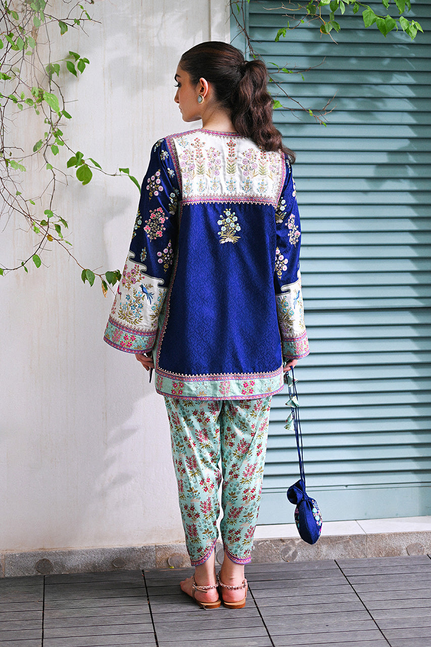 Pakistani Navy Celadon Embroidered Jamawar Charmeuse Salwar Kameez (2-Piece) - Image 2