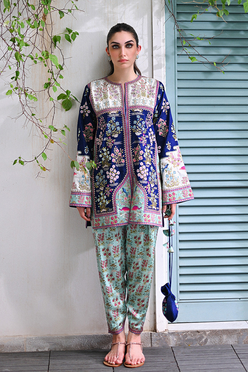 Pakistani Navy Celadon Embroidered Jamawar Charmeuse Salwar Kameez (2-Piece) - Image 3
