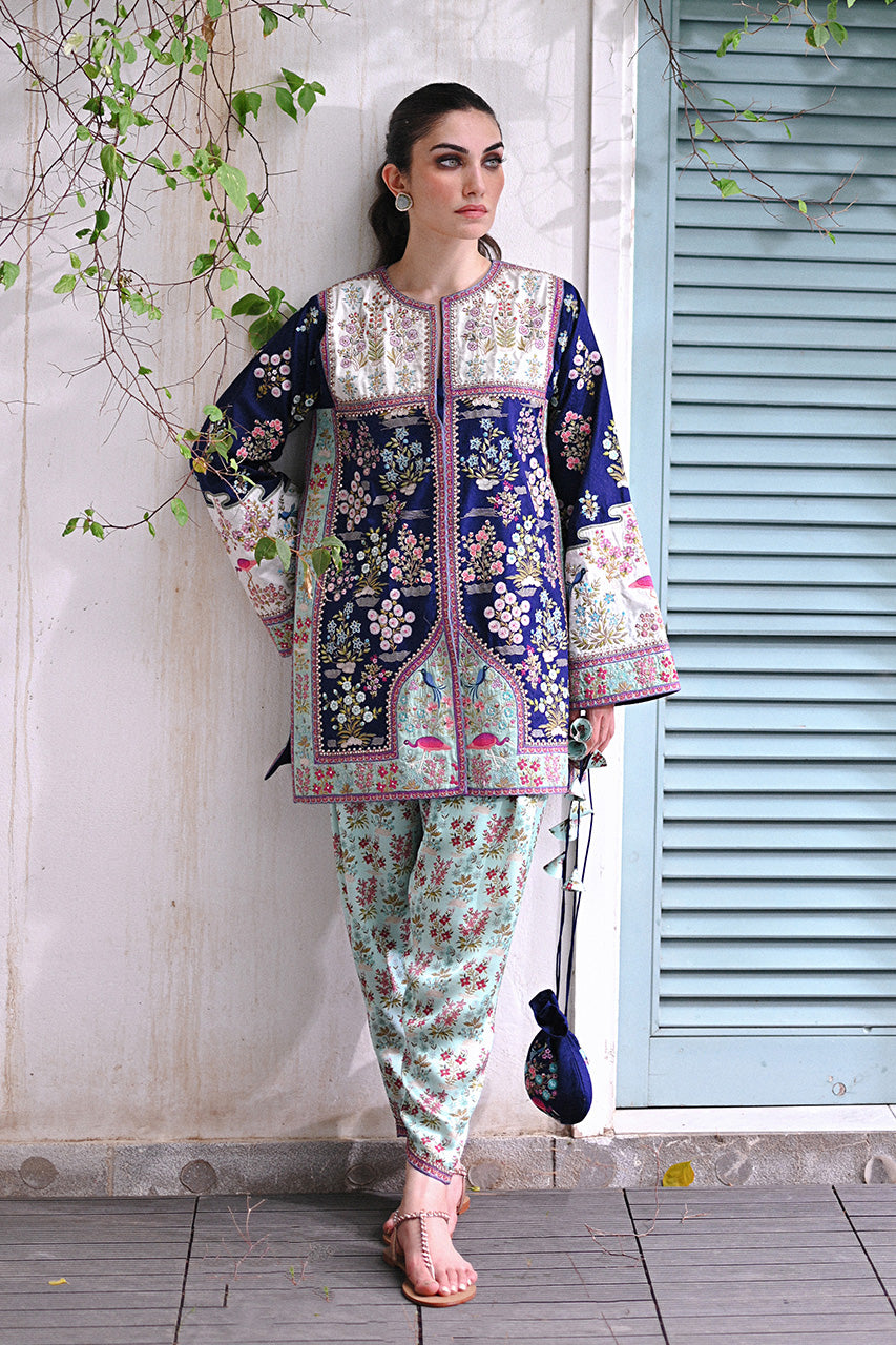 Pakistani Navy Celadon Embroidered Jamawar Charmeuse Salwar Kameez (2-Piece) - Image 4